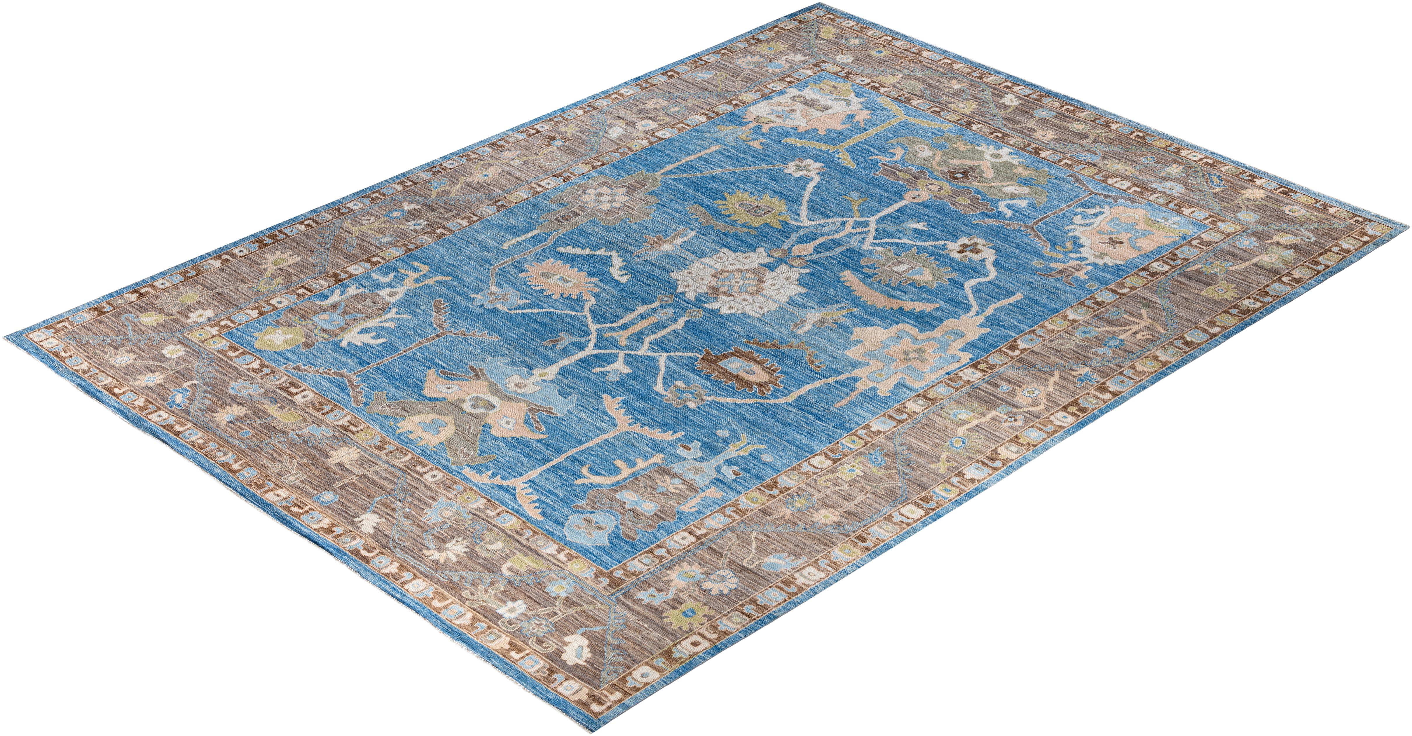 Tappeto Tribale Tradizionale in Lana Oushak Annodato a Mano Blu 10' 0