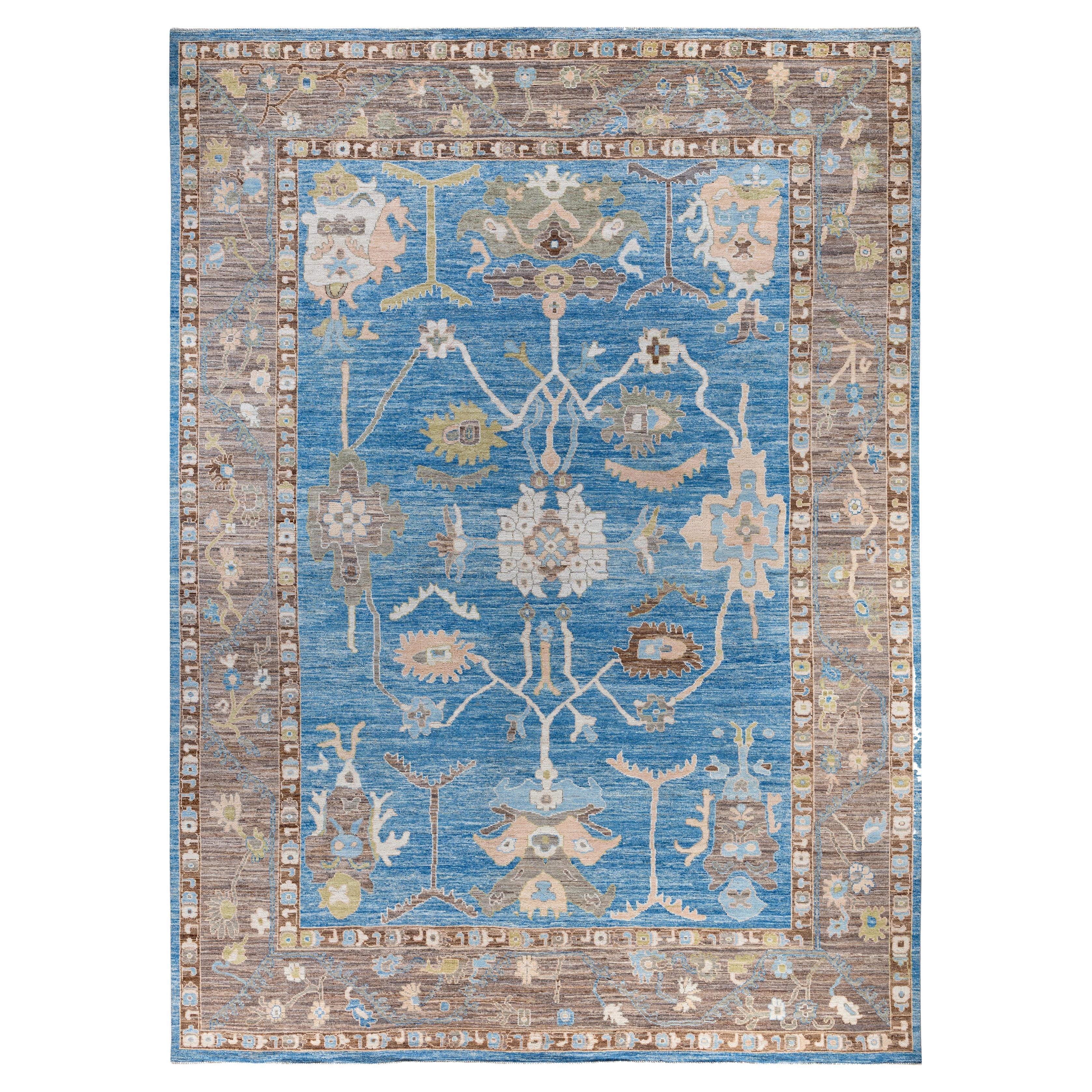 Tapis traditionnel tribal Oushak bleu clair noué à la main 10' 0" x 13' 10"