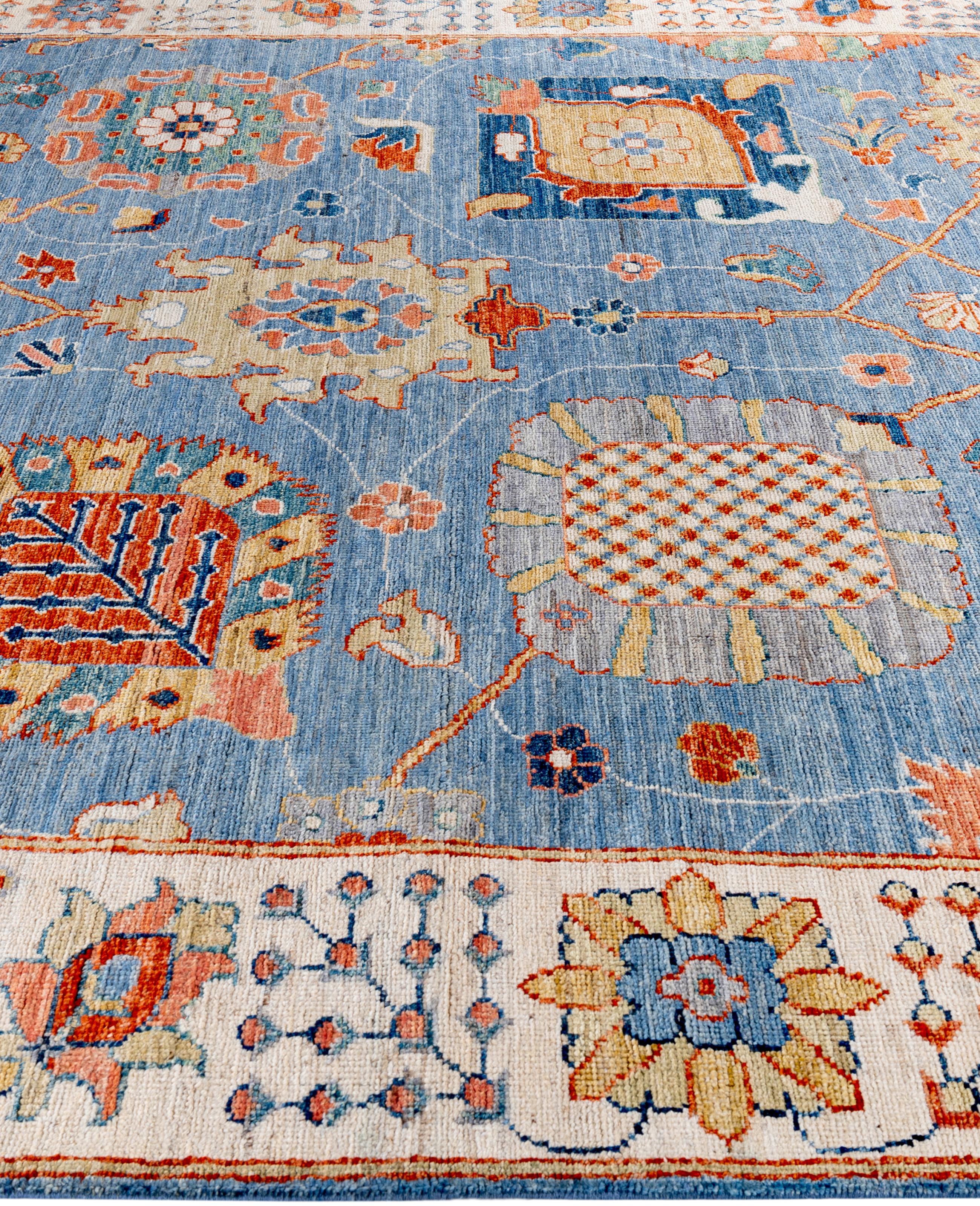 Alfombra de lana tradicional tribal Oushak anudada a mano en azul claro 8' 0