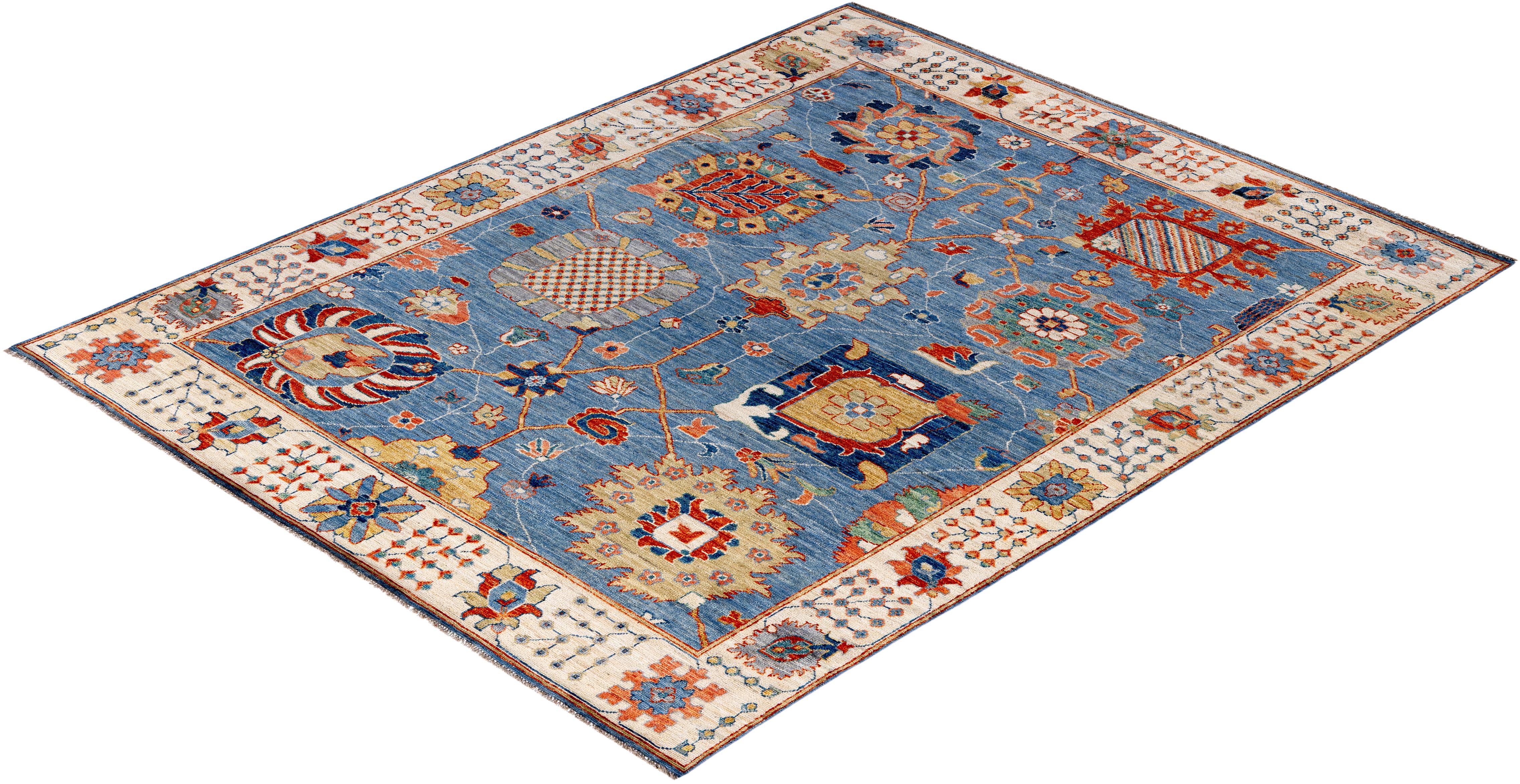 Alfombra de lana tradicional tribal Oushak anudada a mano en azul claro 8' 0