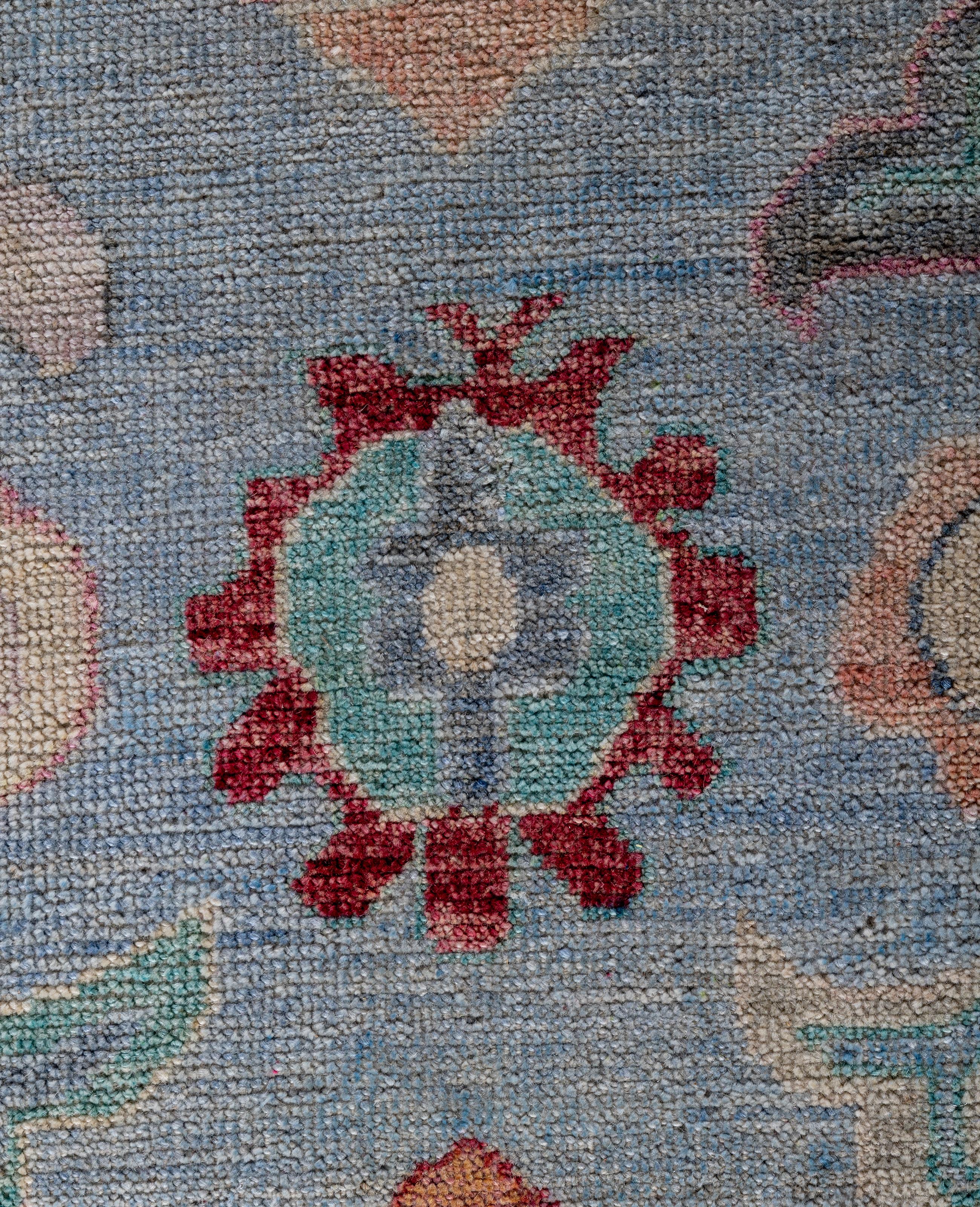 Alfombra de lana tradicional tribal Oushak anudada a mano en azul claro 8' 0