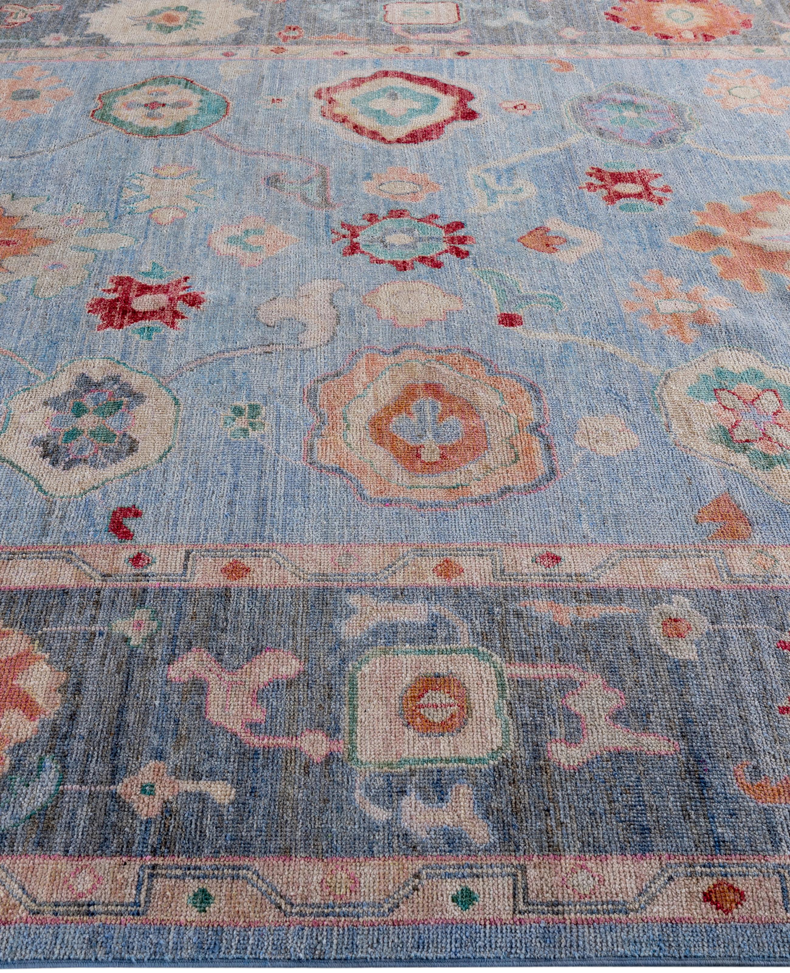 Alfombra de lana tradicional tribal Oushak anudada a mano en azul claro 8' 0