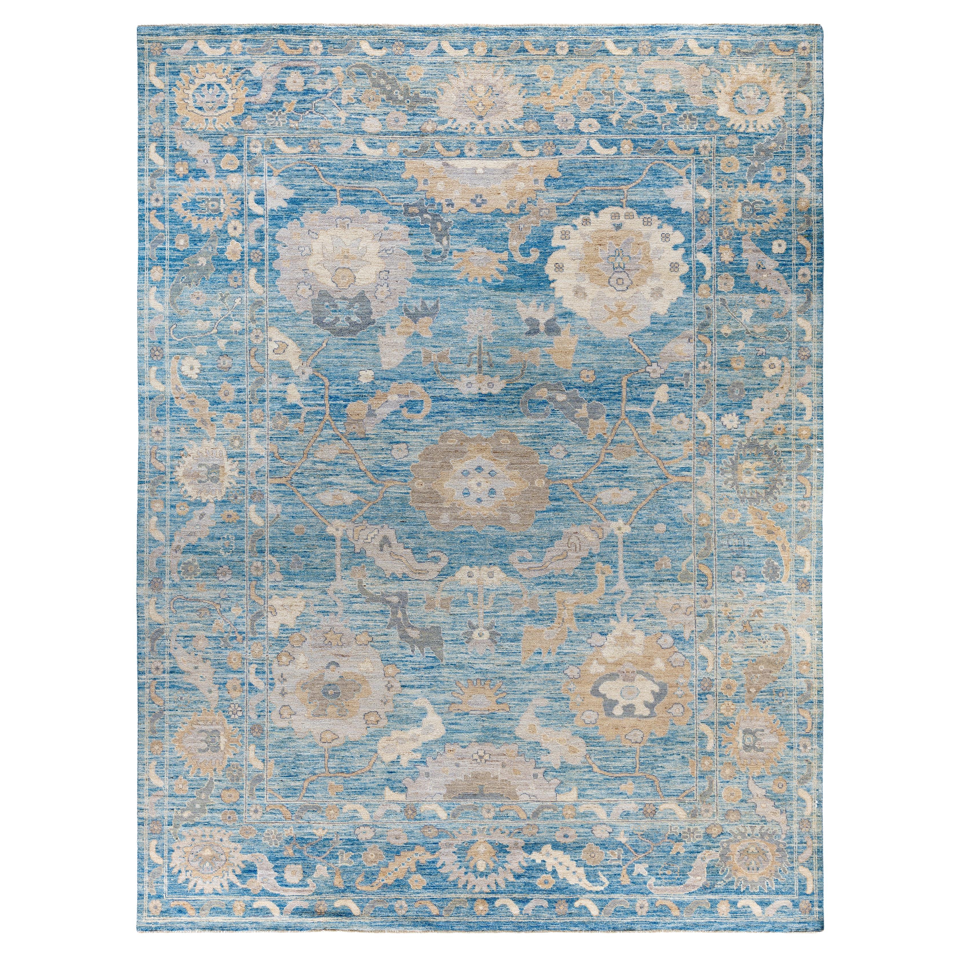 Traditional Tribal Oushak Wool Hand Knotted Light Blue Area Rug 9' 0" x 11' 10" For Sale