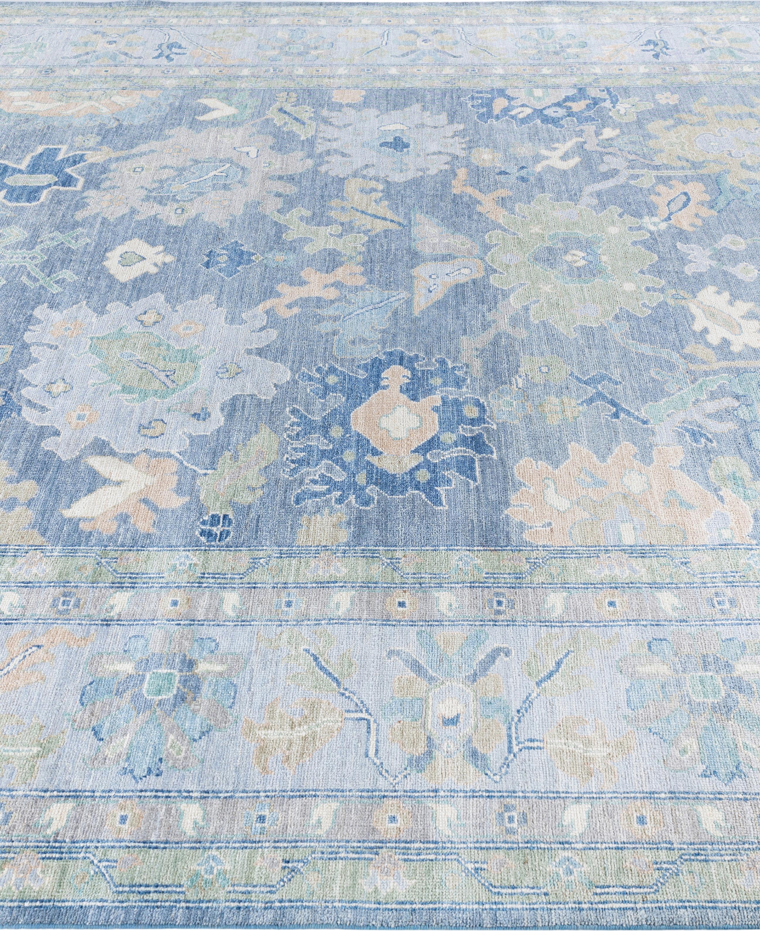 Annodato a mano Tappeto Tribale Tradizionale in Lana Oushak Annodato a Mano Blu 9' 0