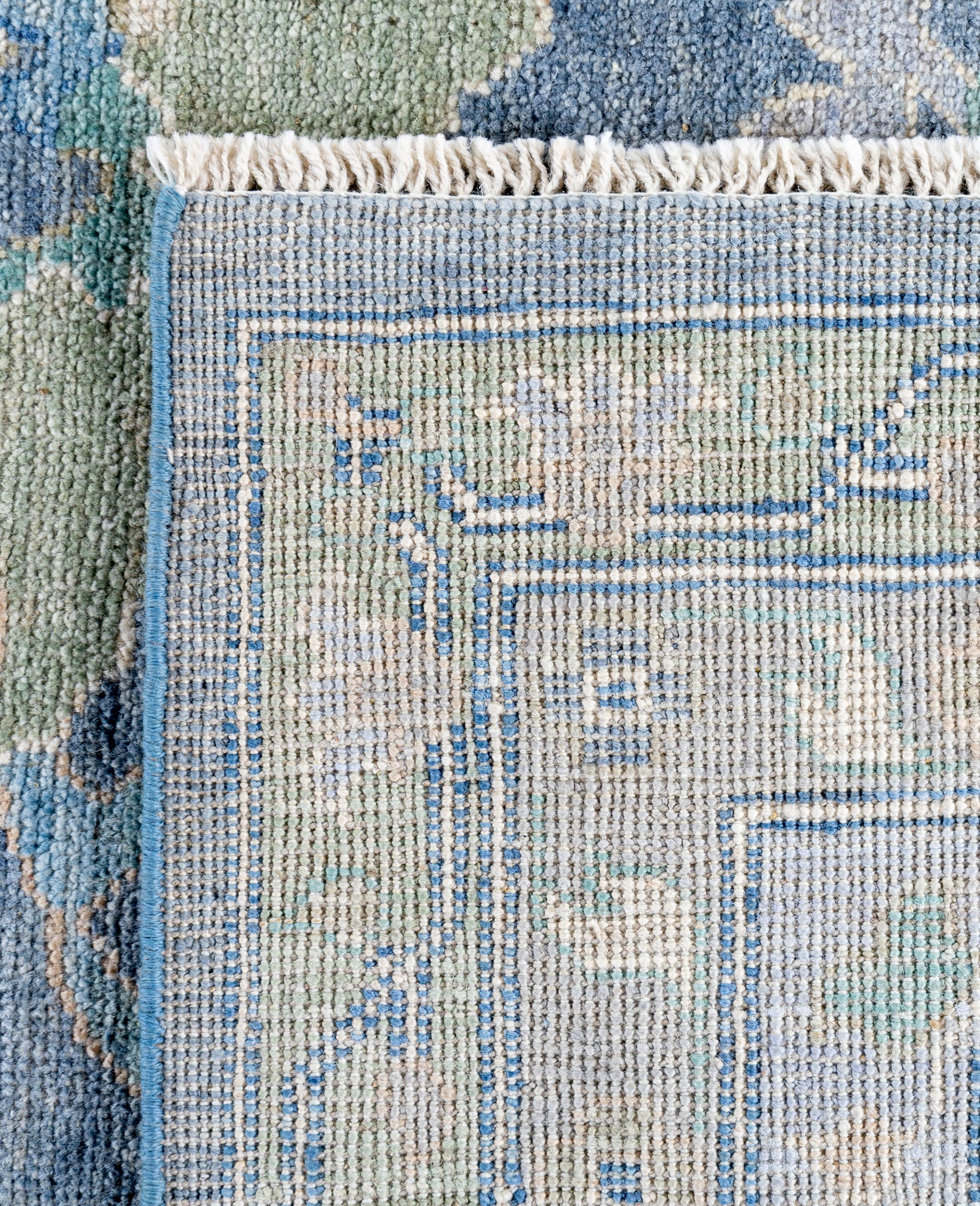 Tappeto Tribale Tradizionale in Lana Oushak Annodato a Mano Blu 9' 0