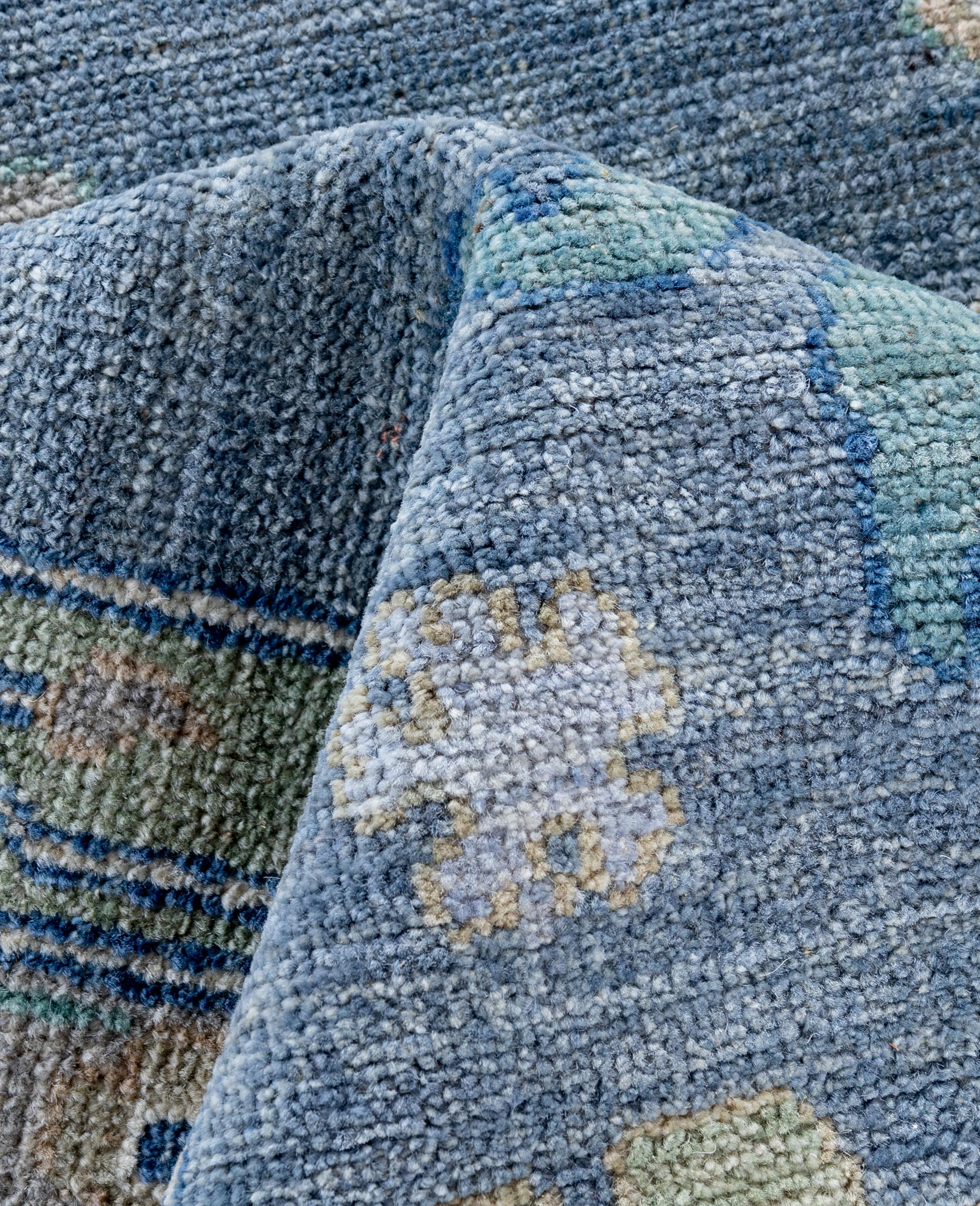 Tappeto Tribale Tradizionale in Lana Oushak Annodato a Mano Blu 9' 0