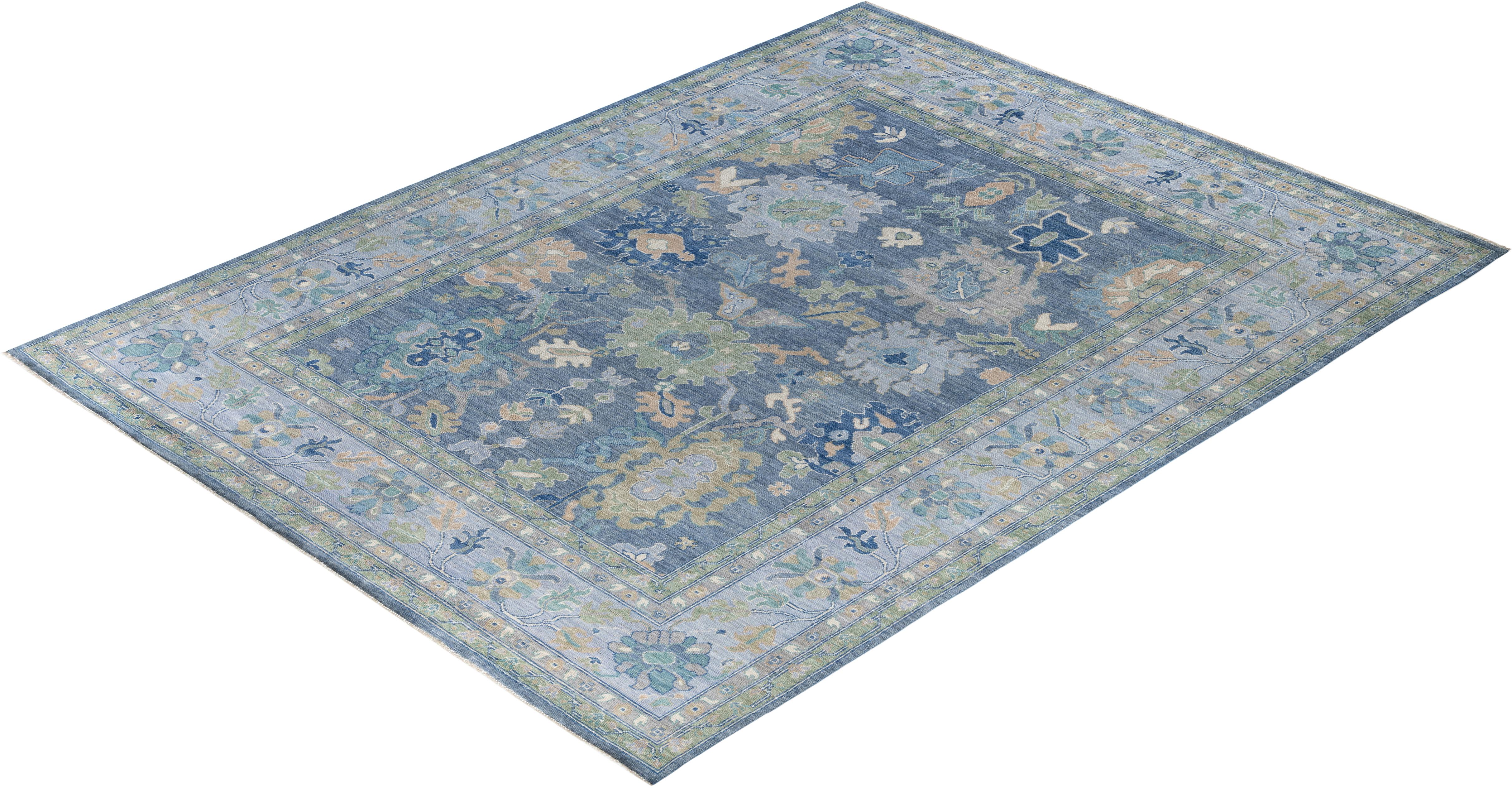 Tappeto Tribale Tradizionale in Lana Oushak Annodato a Mano Blu 9' 0
