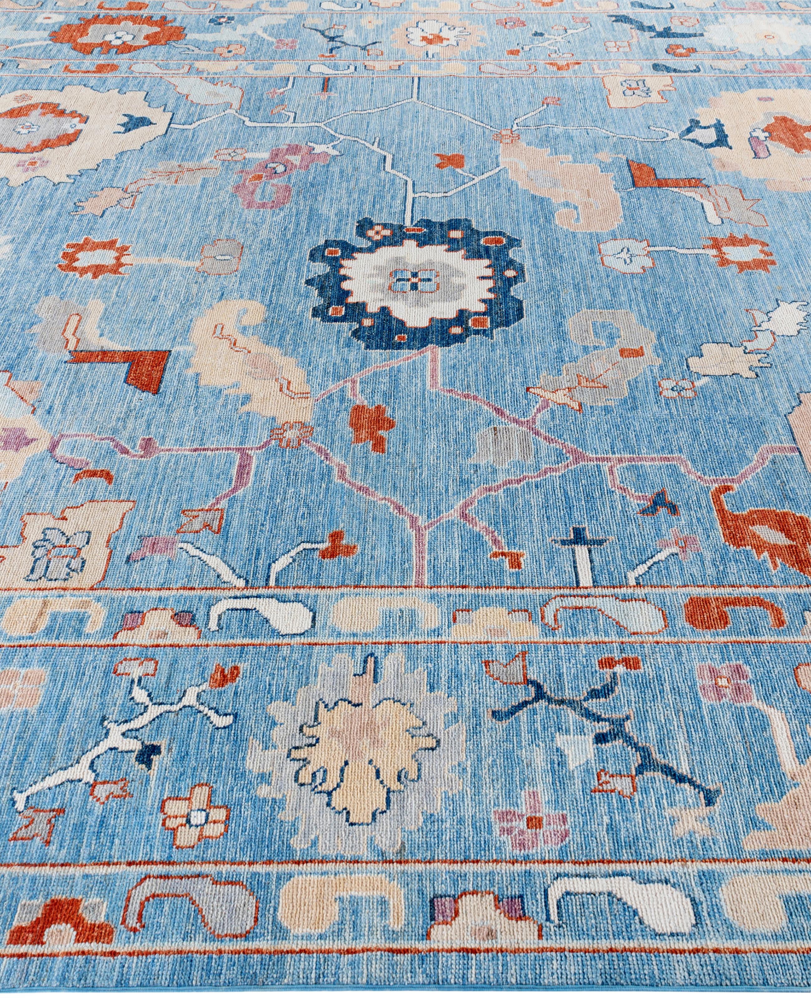 Alfombra de lana tradicional tribal Oushak anudada a mano en azul claro 9' 2