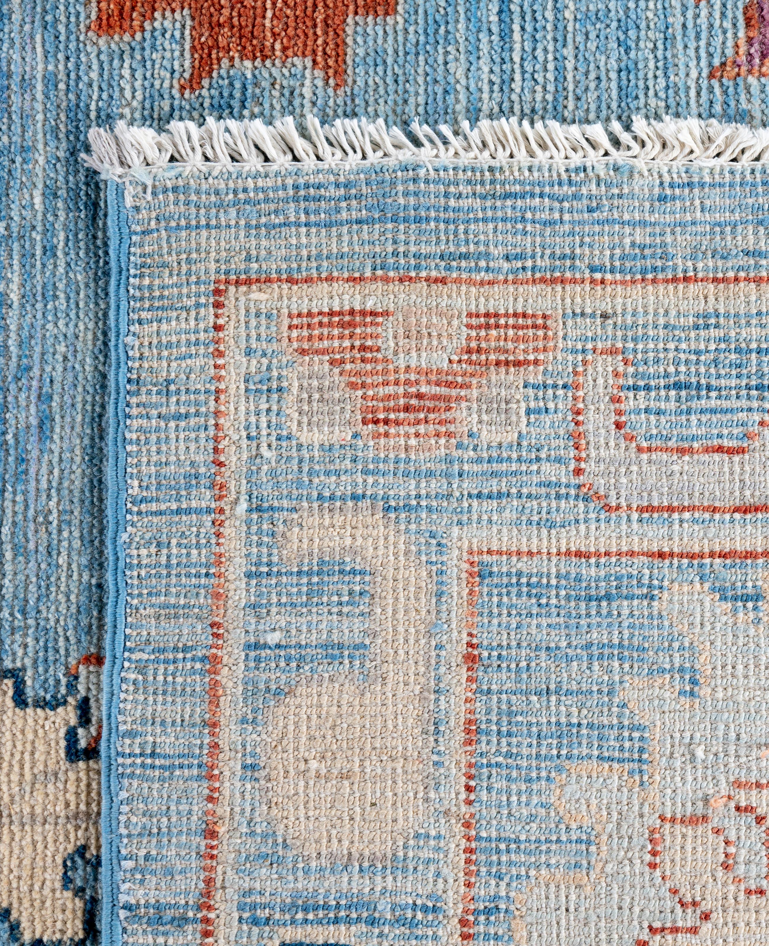 Alfombra de lana tradicional tribal Oushak anudada a mano en azul claro 9' 2