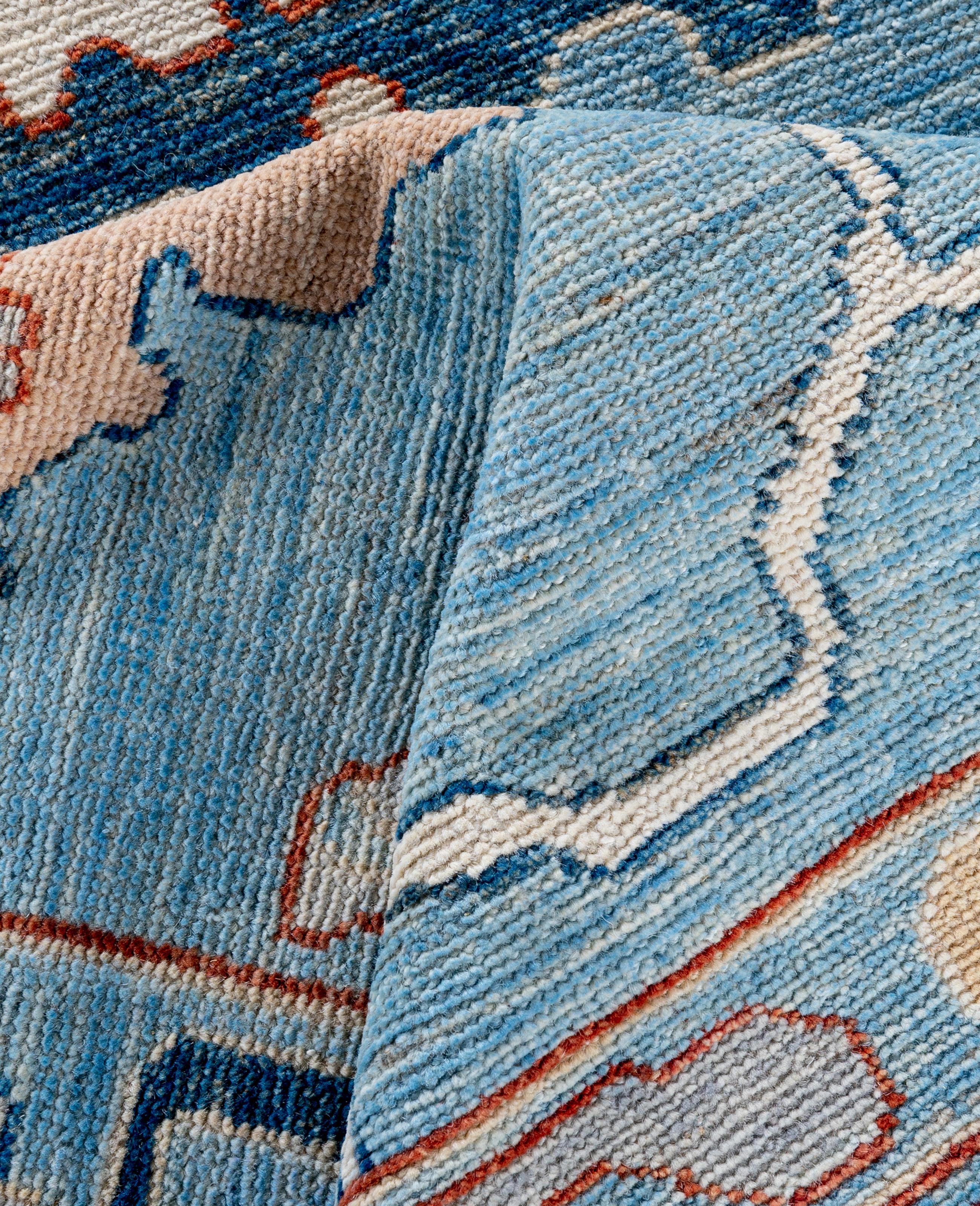 Alfombra de lana tradicional tribal Oushak anudada a mano en azul claro 9' 2