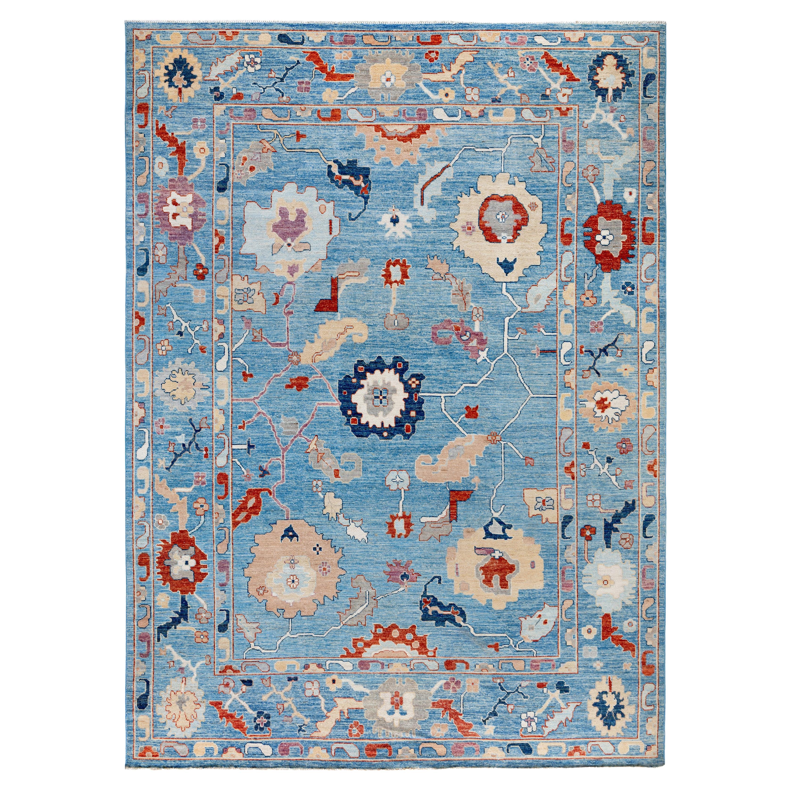 Traditional Tribal Oushak Wool Hand Knotted Light Blue Area Rug 9' 2" x 12' 8"