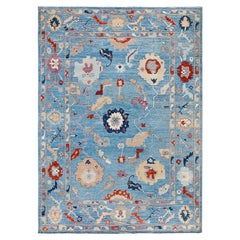 Traditional Tribal Oushak Wool Hand Knotted Light Blue Area Rug 9' 2" x 12' 8"