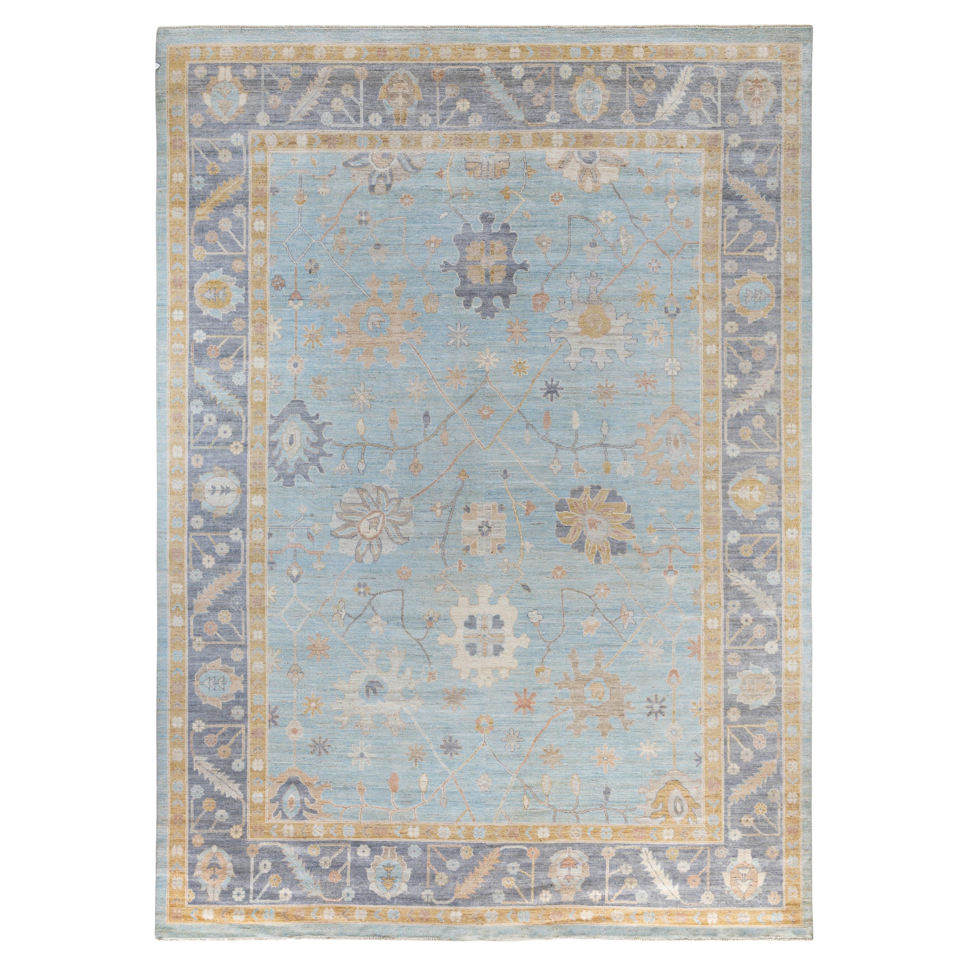 Traditional Tribal Oushak Wool Hand Knotted Light Blue Area Rug 9' 8" x 13' 6"