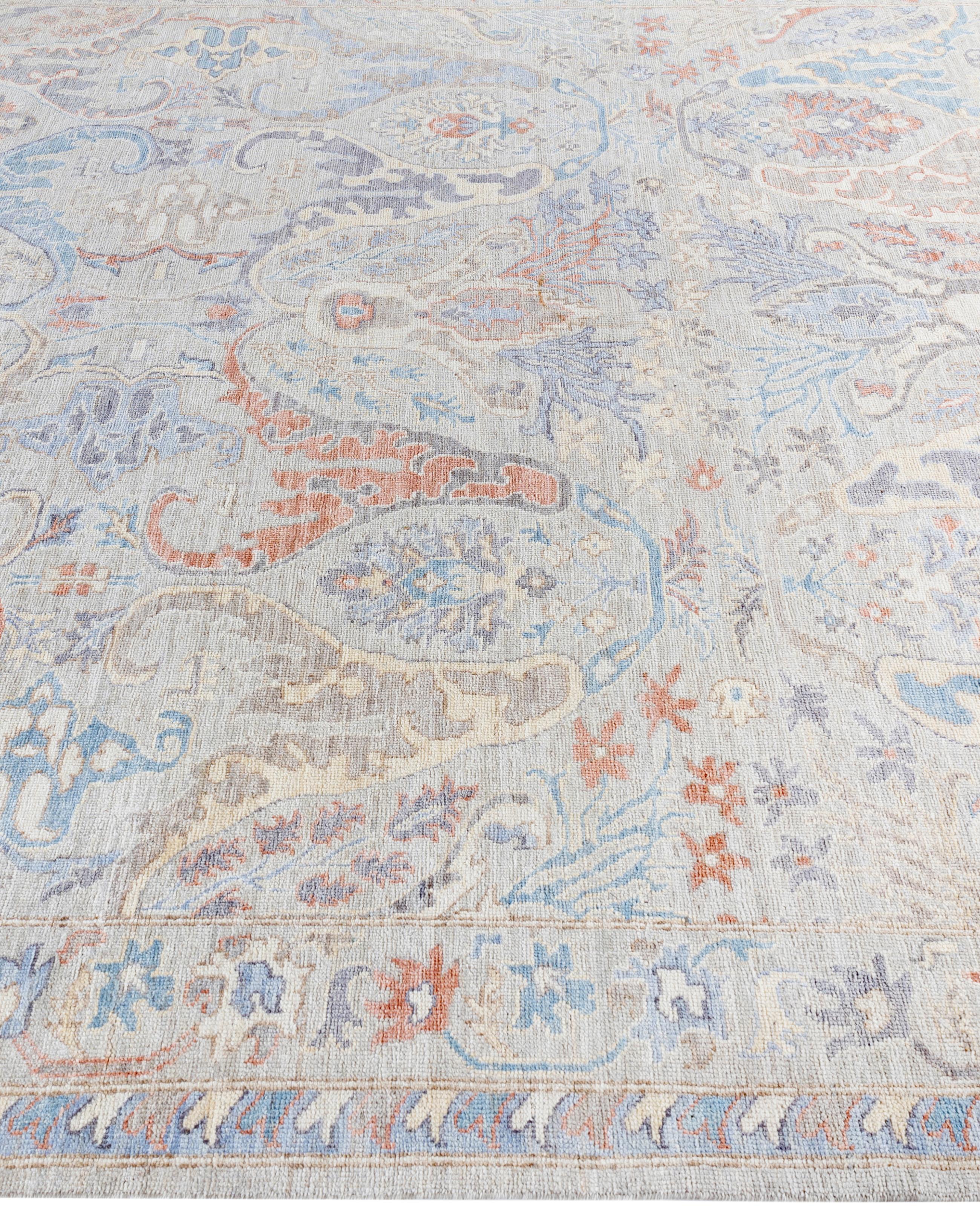 Traditioneller handgeknüpfter Oushak-Wollteppich in Hellgrau, Stammeskunst, 8' 1