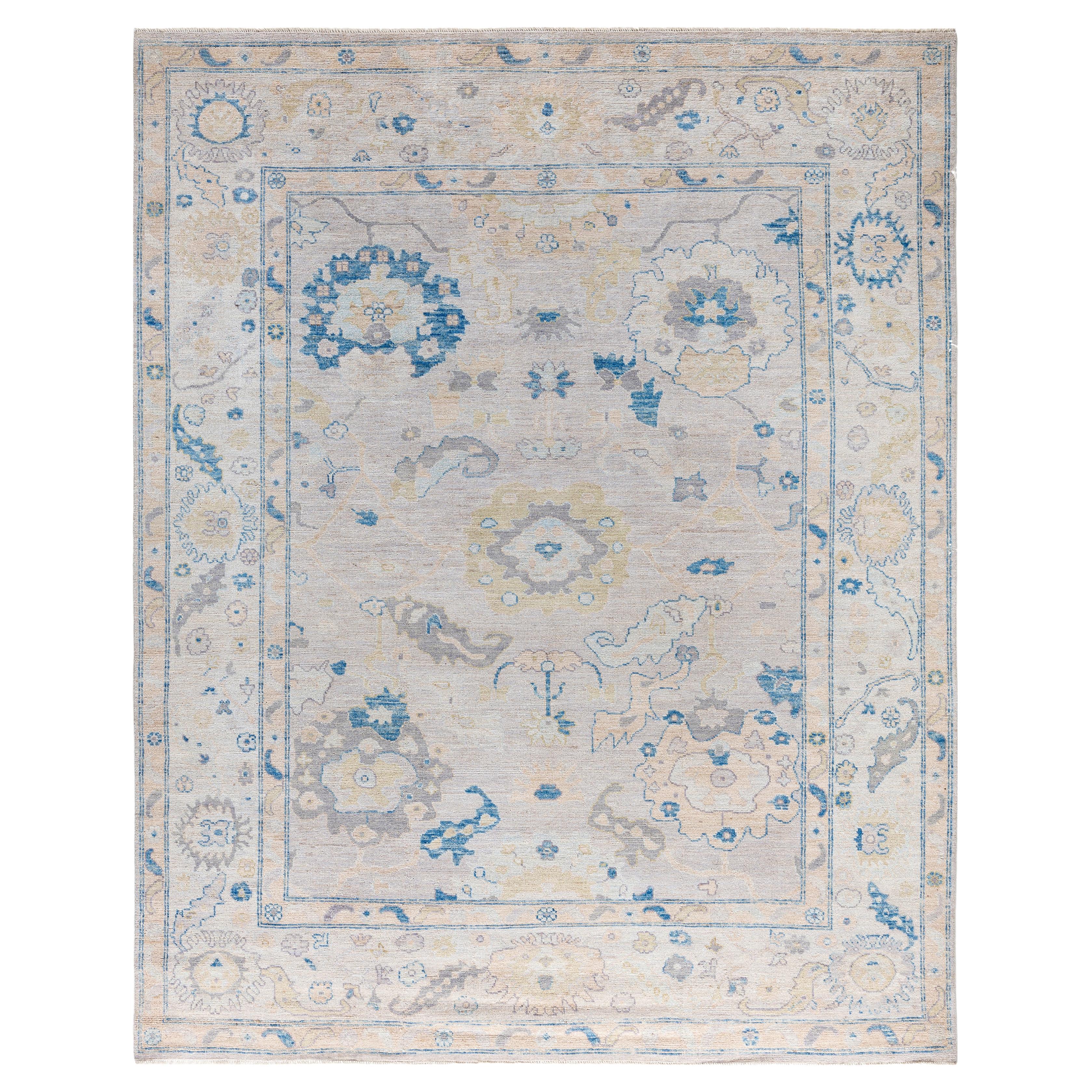 Traditional Tribal Oushak Wool Hand Knotted Light Gray Area Rug 8' 1" x 10' 1" For Sale