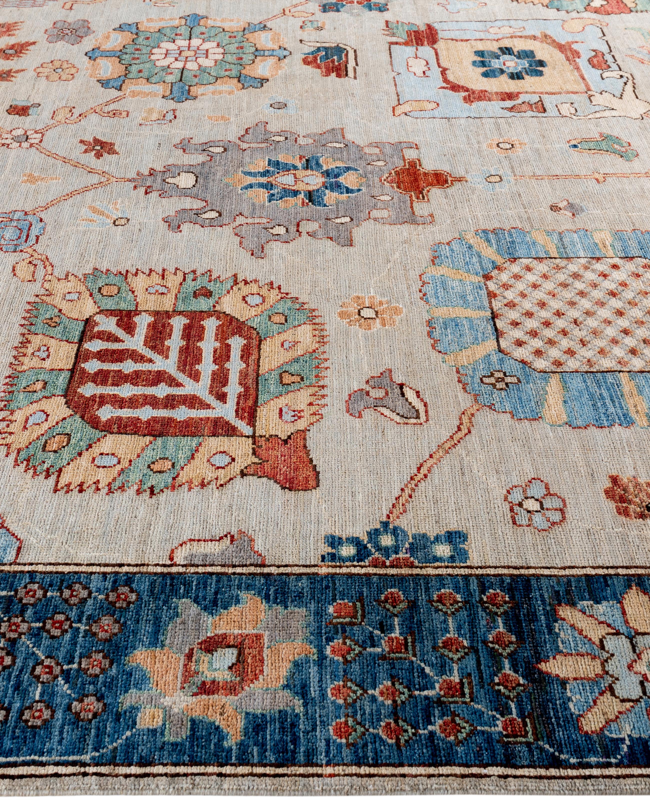 Traditioneller handgeknüpfter Oushak-Wollteppich in Hellgrau, Stammeskunst, 8' 1