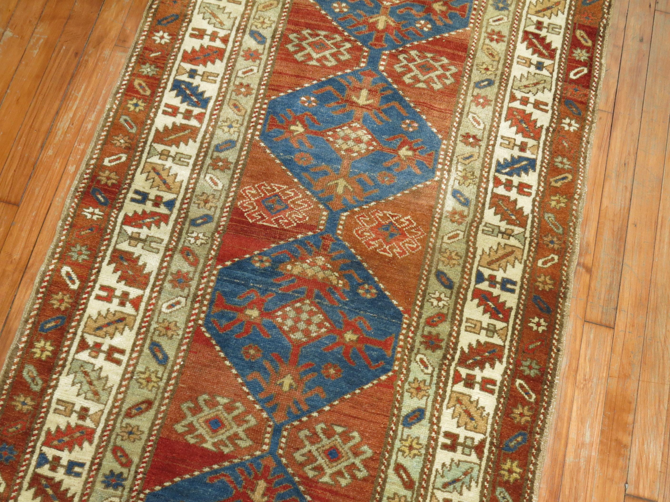 Hand-Woven Traditional Tribal Red Blue Northwest Persian Runner For Sale