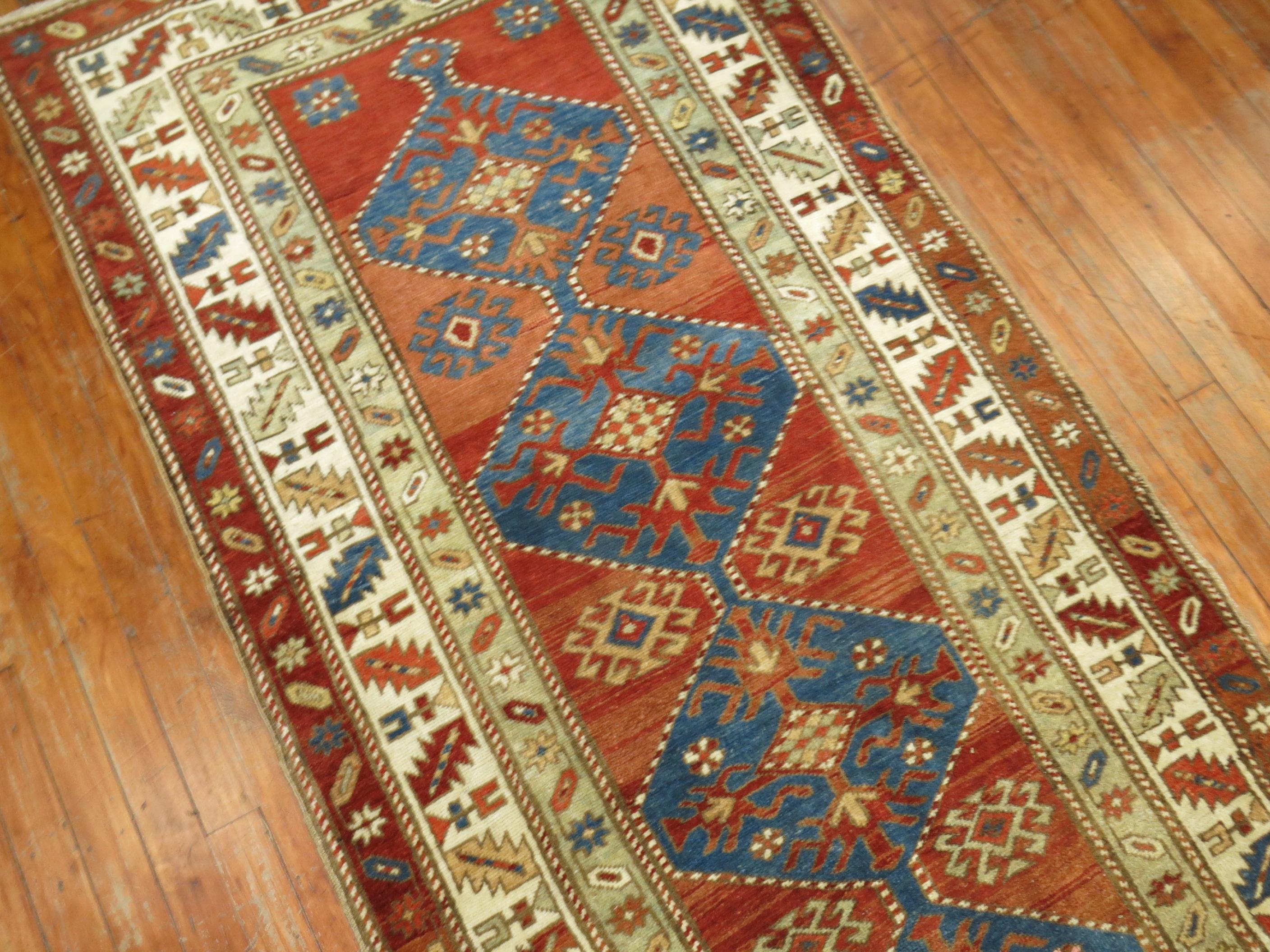 Traditional Tribal Red Blue Northwest Persian Runner In Good Condition For Sale In New York, NY