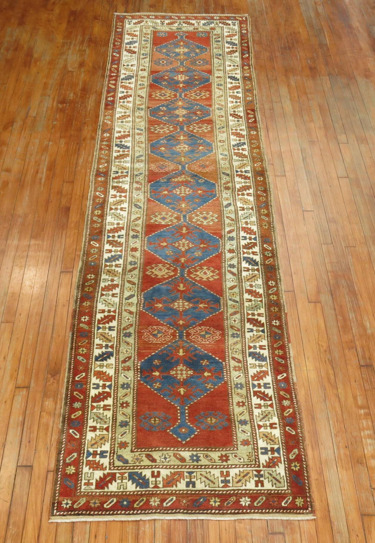20th Century Traditional Tribal Red Blue Northwest Persian Runner For Sale