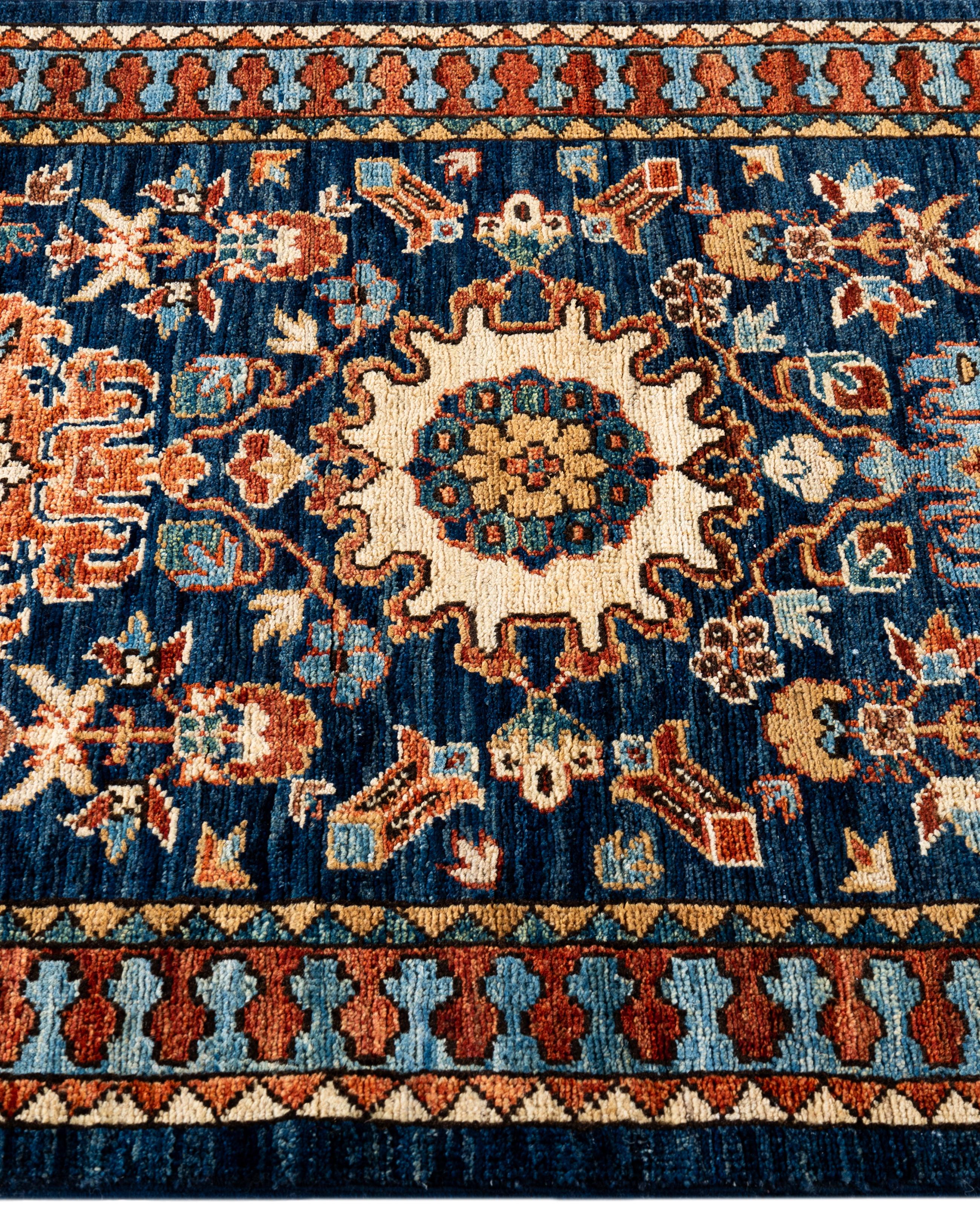 Hand-Knotted Traditional Tribal Serapi Wool Hand Knotted Blue Area Rug 2' 11