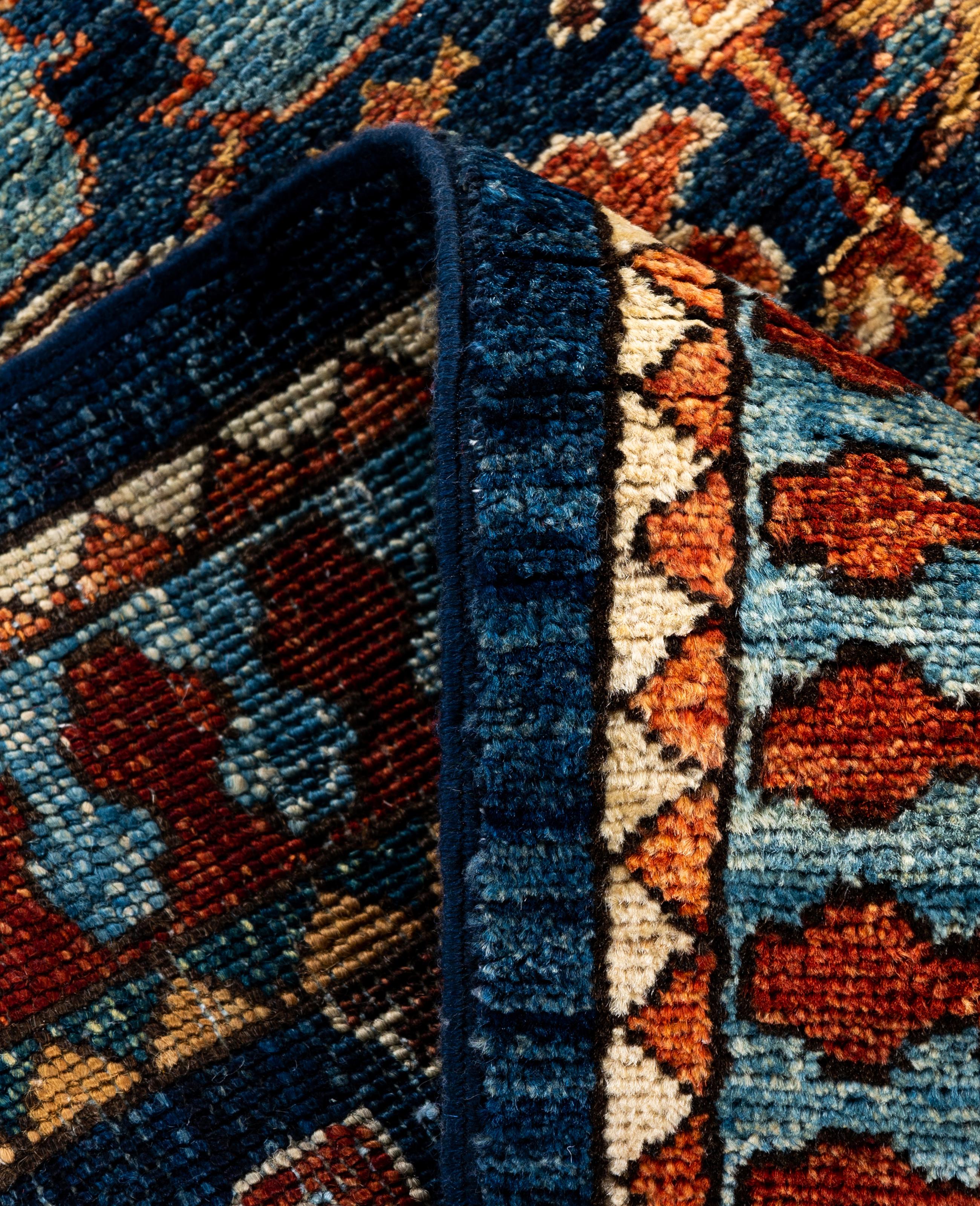 Contemporary Traditional Tribal Serapi Wool Hand Knotted Blue Area Rug 2' 11
