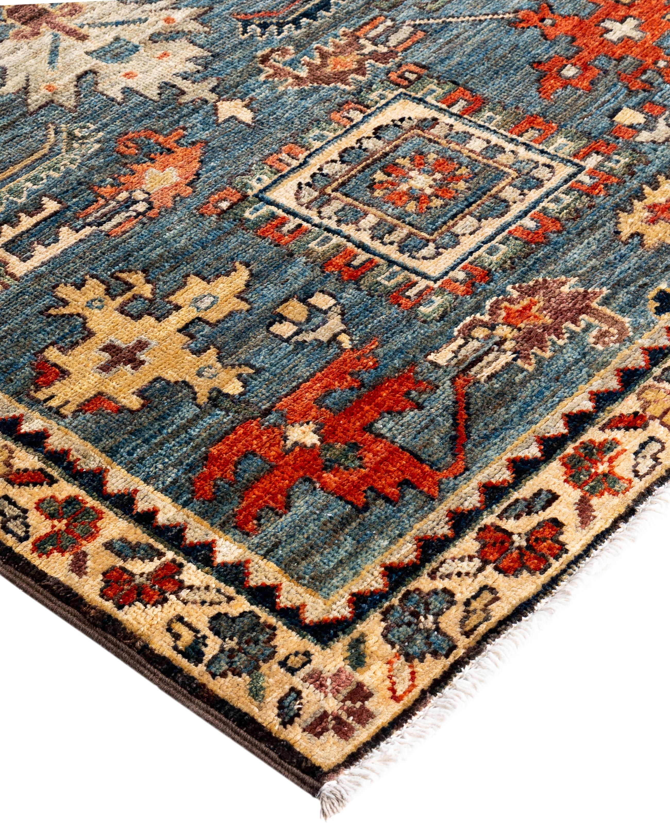 Serapi rugs are known for their bold, geometric designs and rich colors, often featuring a central medallion surrounded by intricate patterns. They typically use a warm, earthy color palette with deep reds, blues, ivory, and occasional greens. The