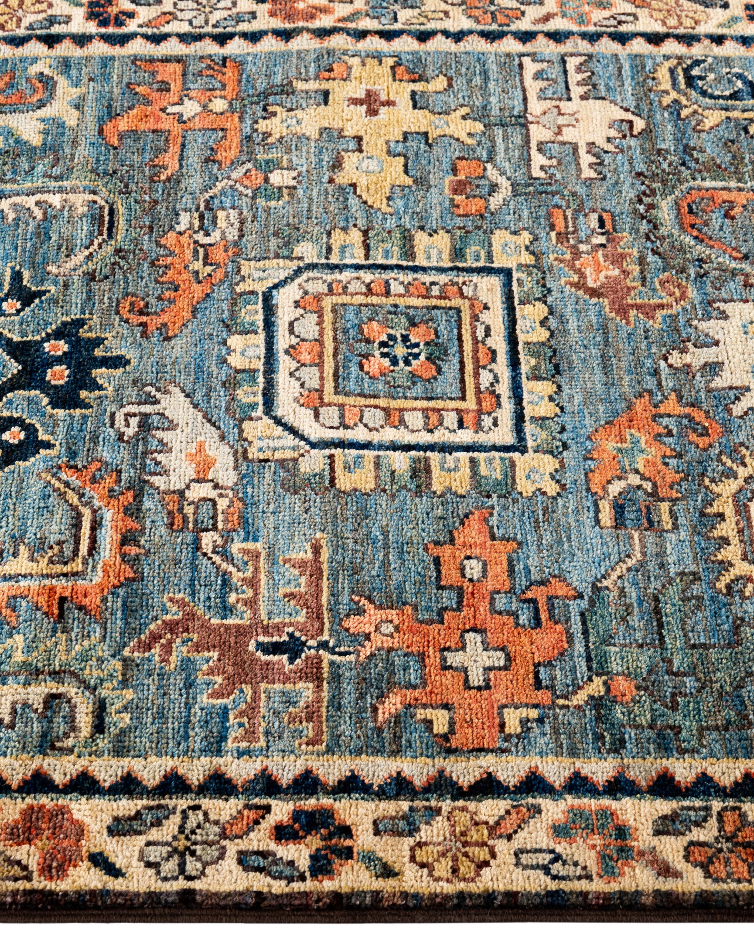 Hand-Knotted Traditional Tribal Serapi Wool Hand Knotted Blue Area Rug 2' 7