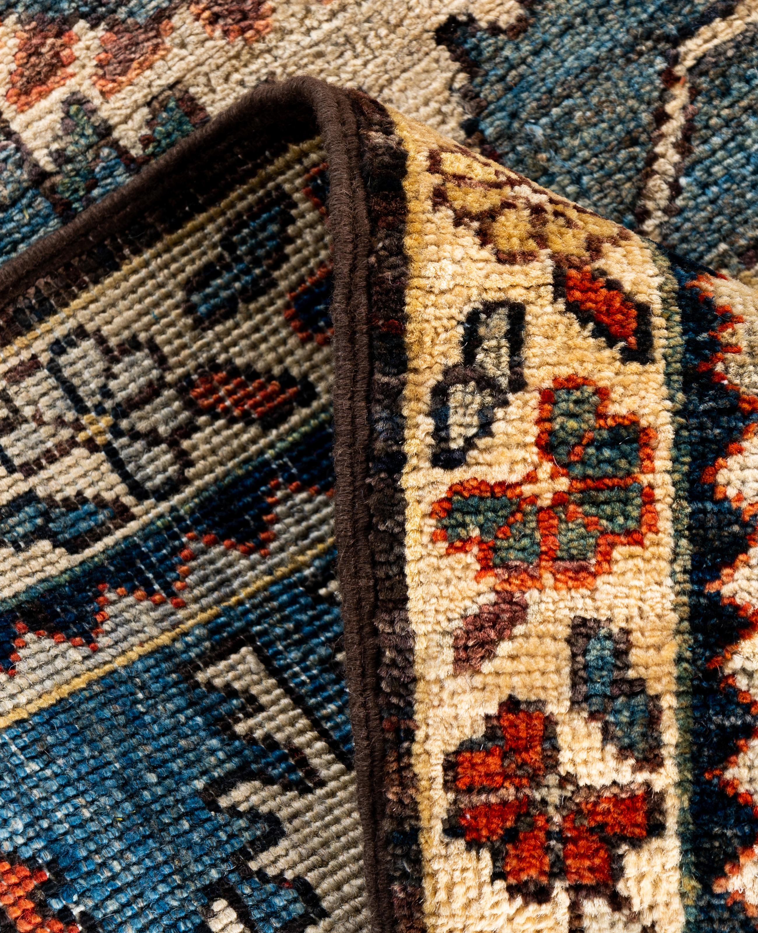 Contemporary Traditional Tribal Serapi Wool Hand Knotted Blue Area Rug 2' 7