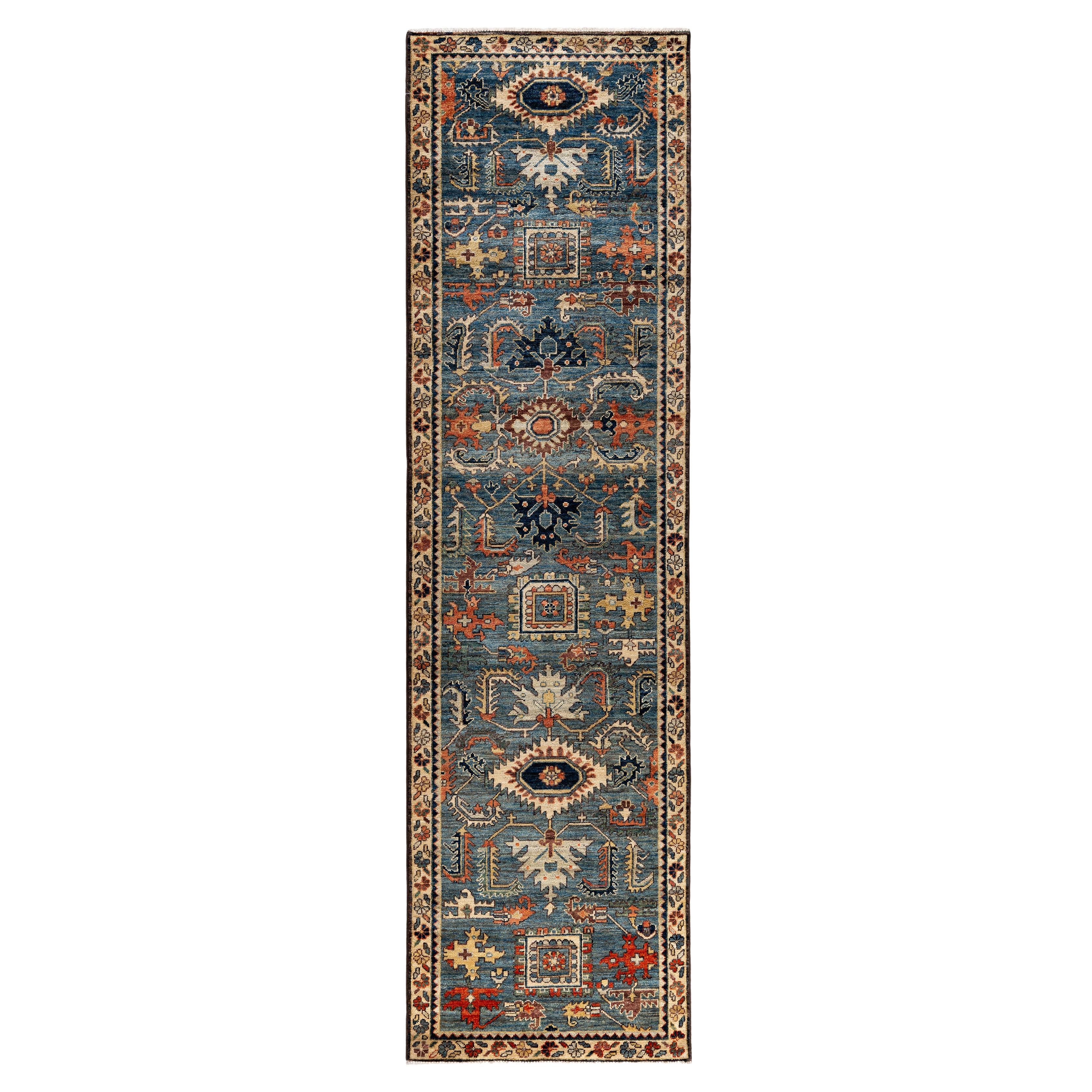 Traditional Tribal Serapi Wool Hand Knotted Blue Area Rug 2' 7" x 9' 8" For Sale