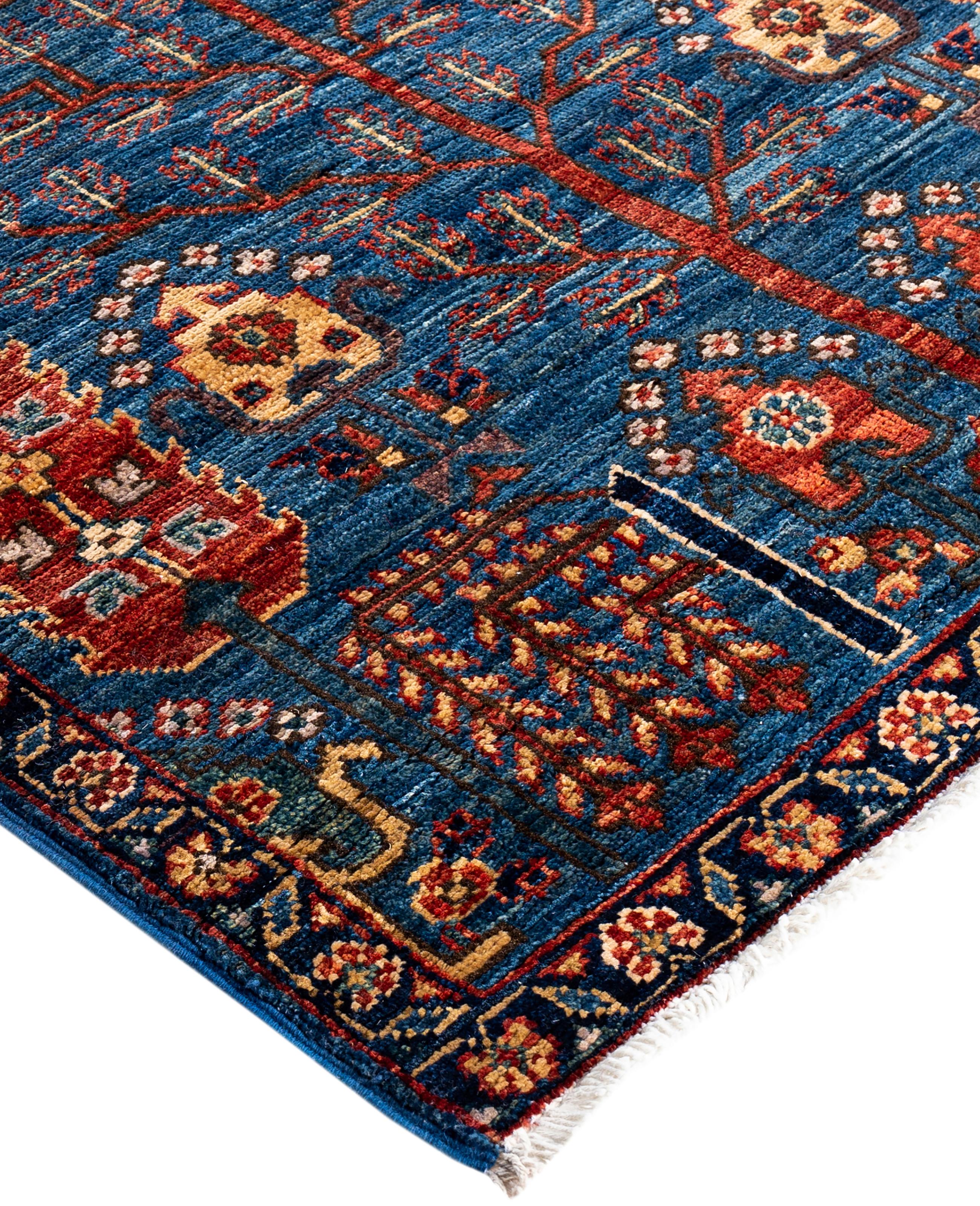 Serapi rugs are known for their bold, geometric designs and rich colors, often featuring a central medallion surrounded by intricate patterns. They typically use a warm, earthy color palette with deep reds, blues, ivory, and occasional greens. The