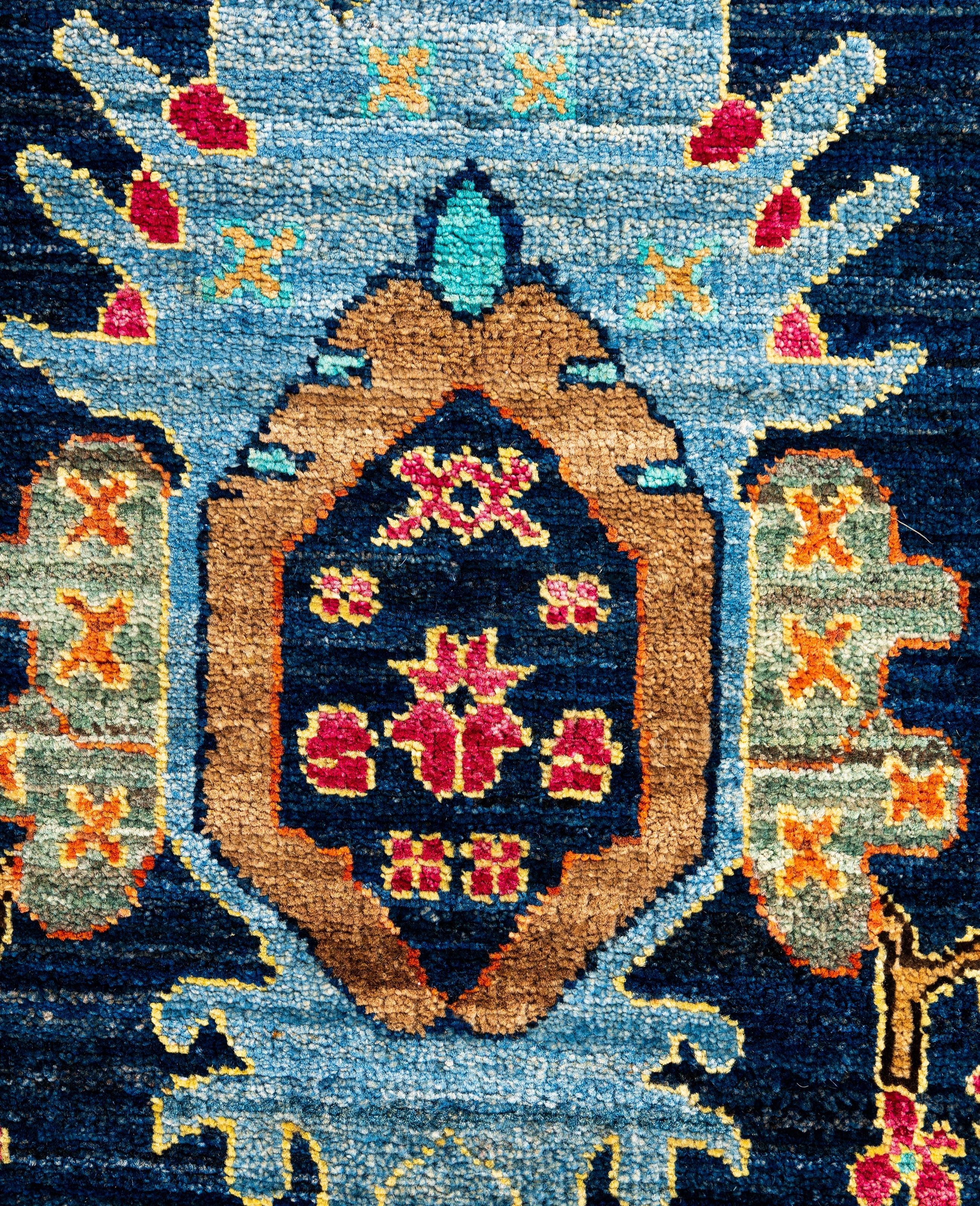 Pakistanais Tapis traditionnel tribal Serapi bleu noué à la main 2' 8