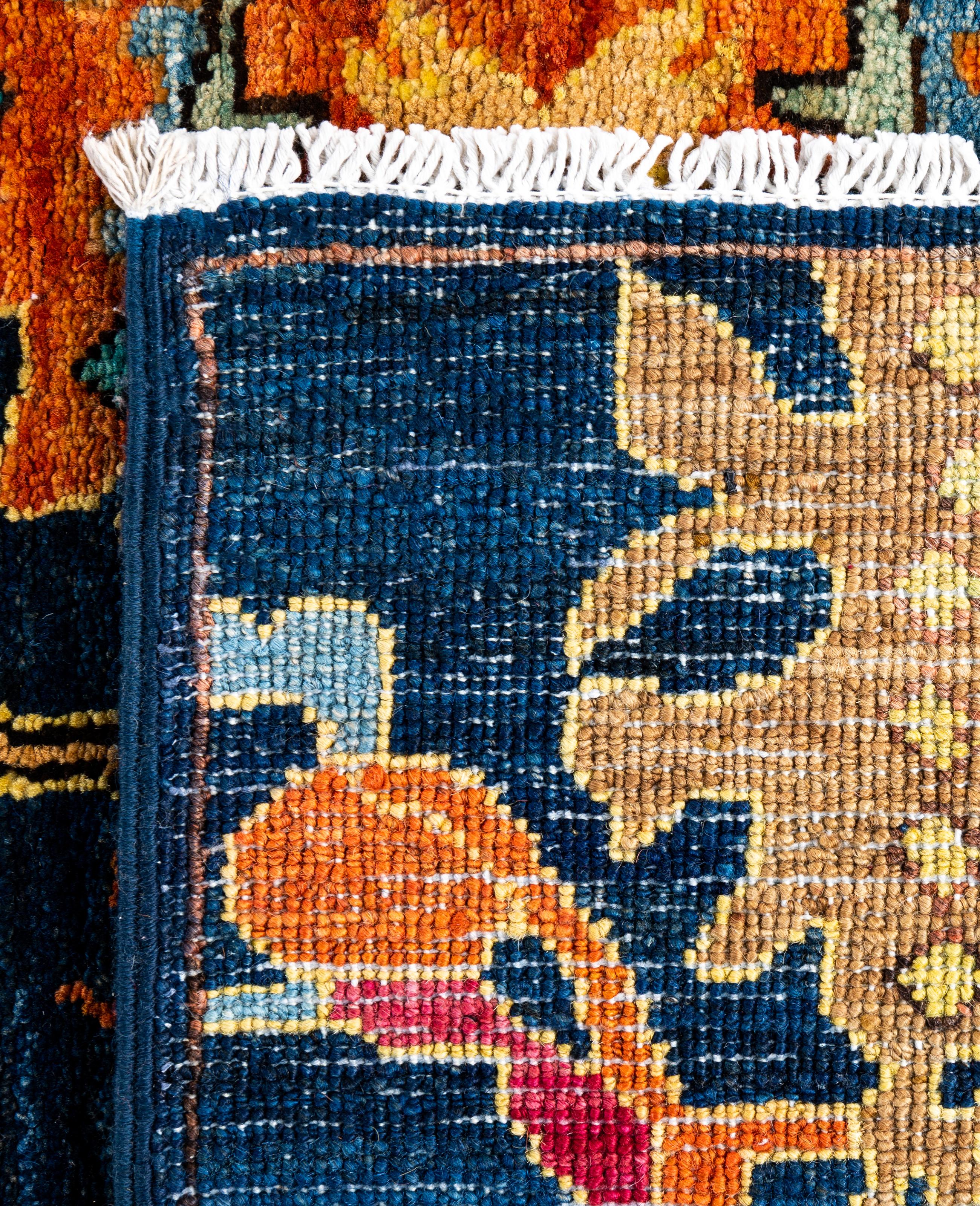 Tapis traditionnel tribal Serapi bleu noué à la main 2' 8