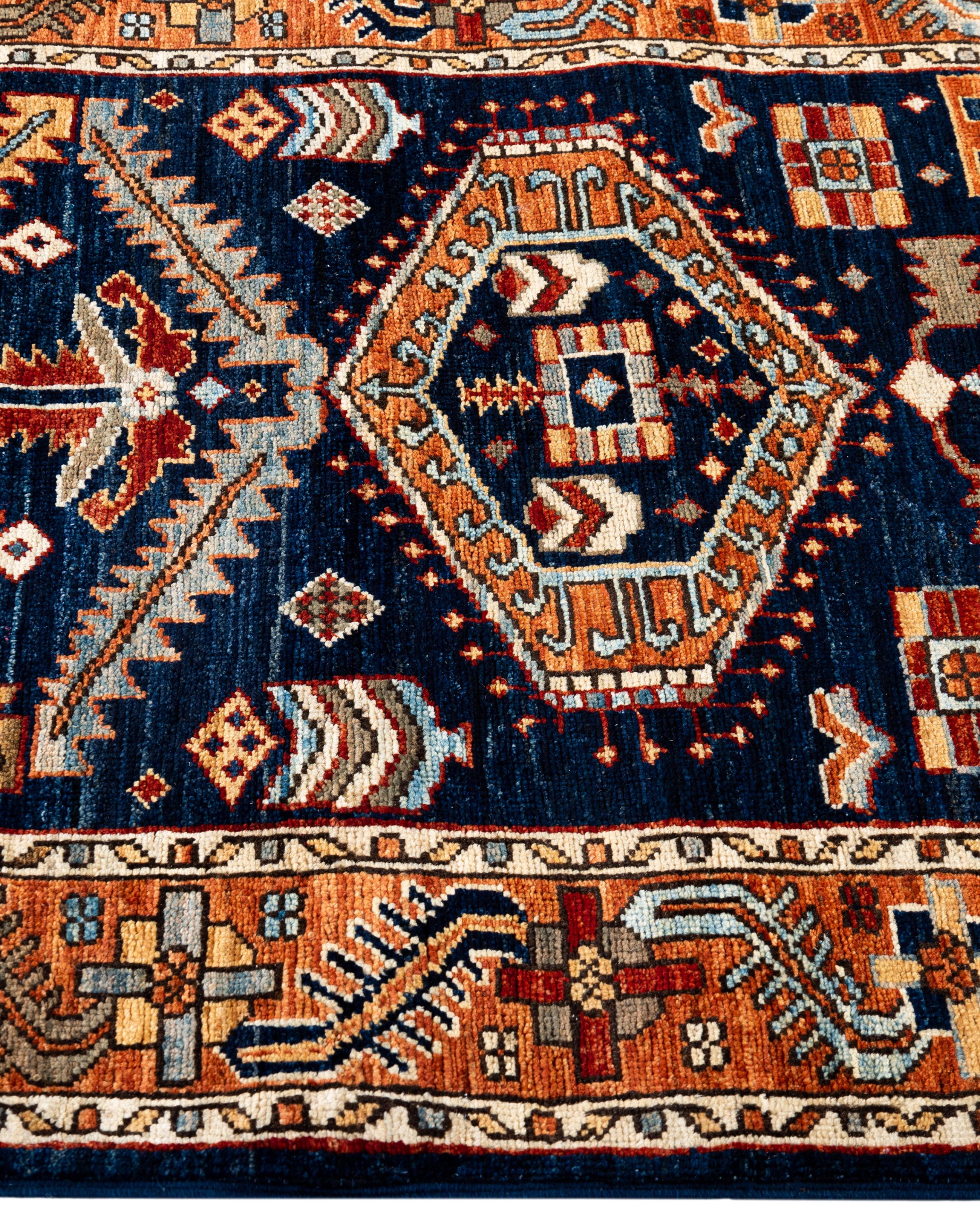 Hand-Knotted Traditional Tribal Serapi Wool Hand Knotted Blue Area Rug 2' 9
