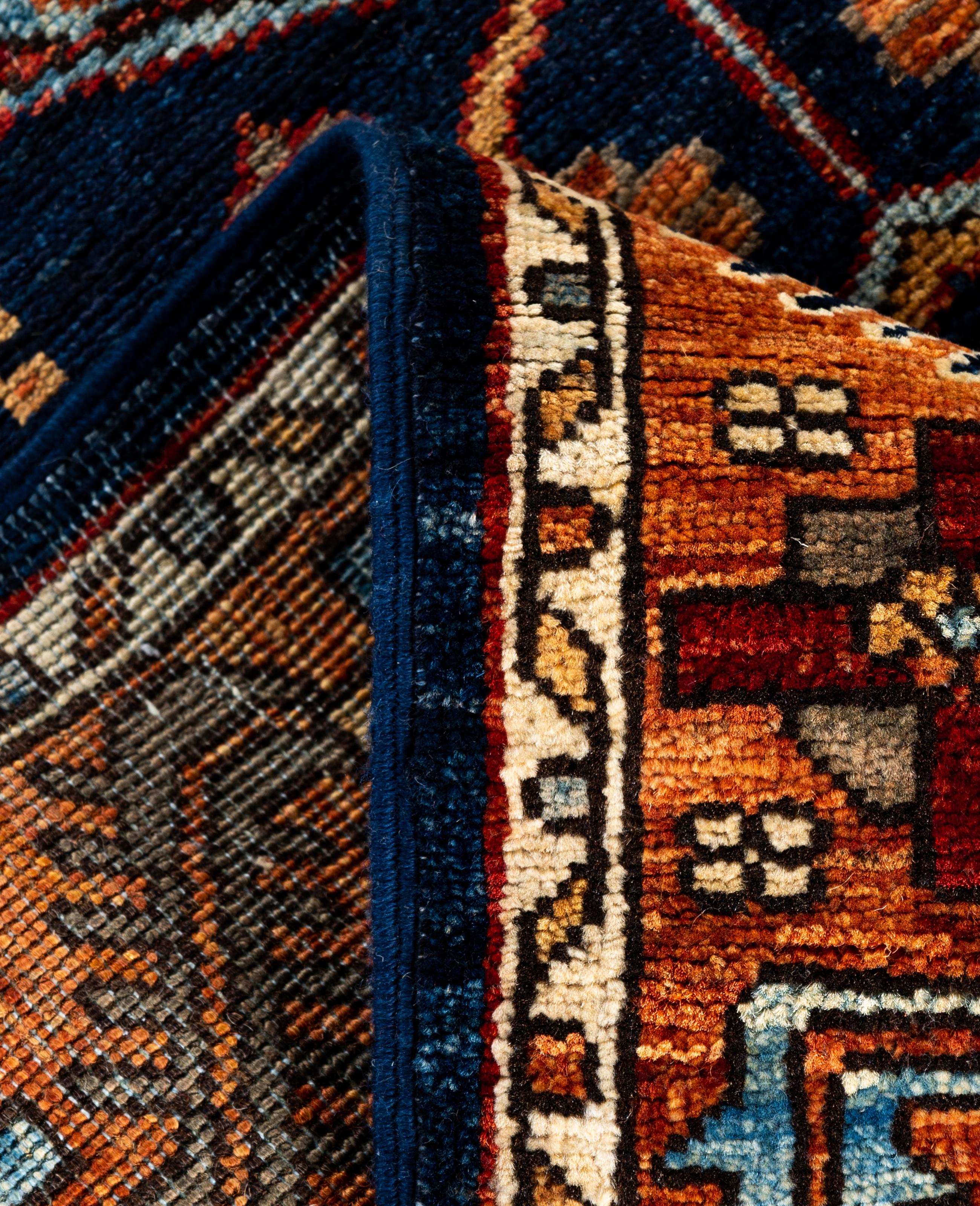 Contemporary Traditional Tribal Serapi Wool Hand Knotted Blue Area Rug 2' 9
