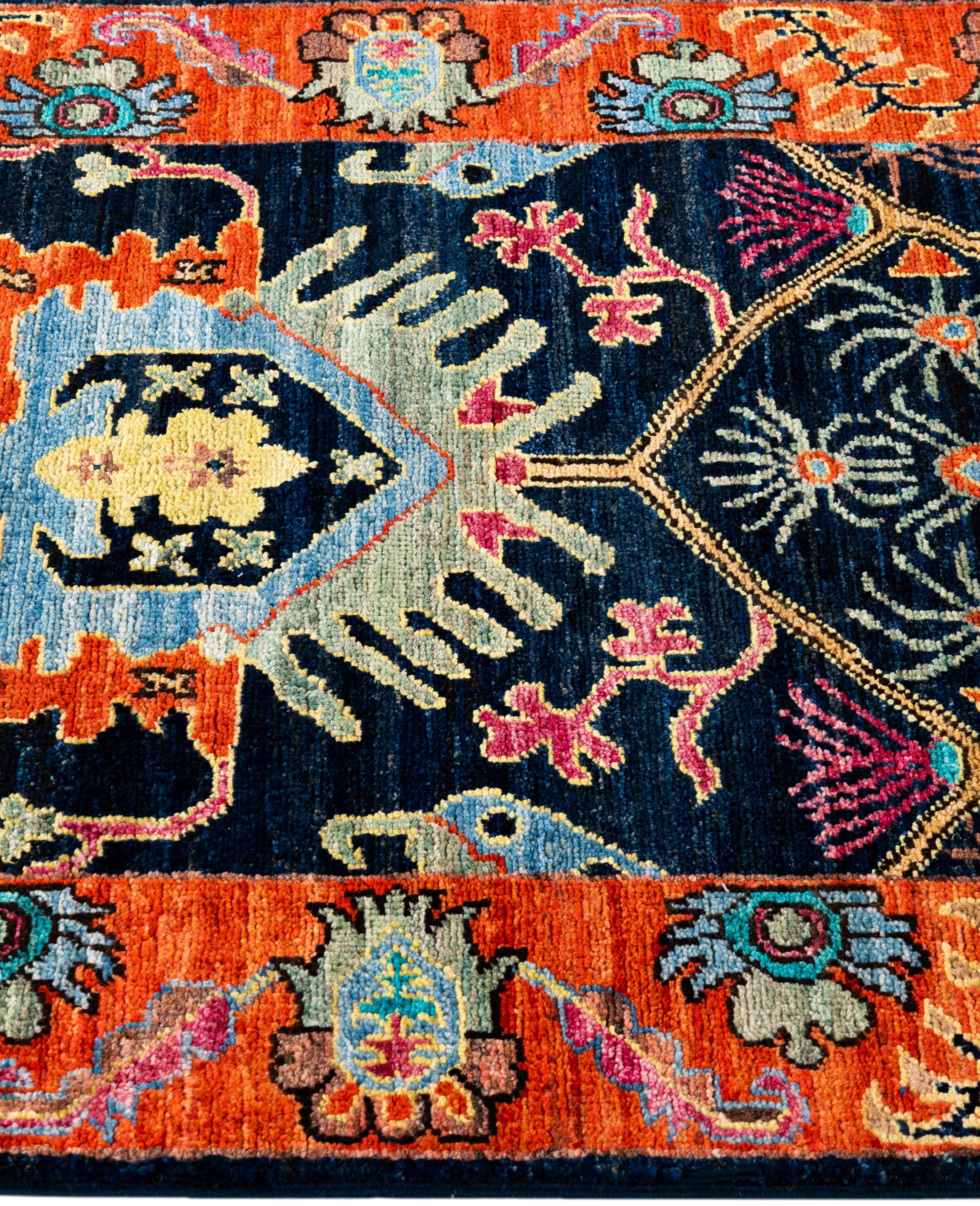 Noué à la main Tapis traditionnel tribal Serapi bleu noué à la main 2' 9