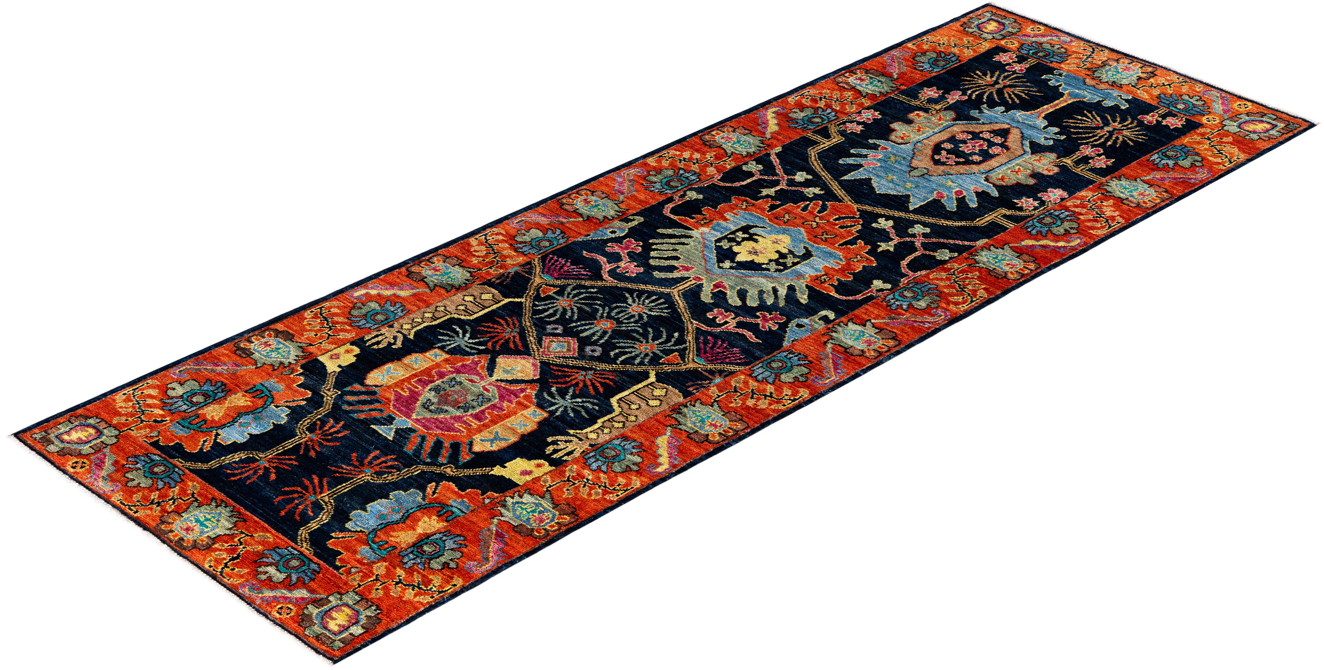 Tapis traditionnel tribal Serapi bleu noué à la main 2' 9