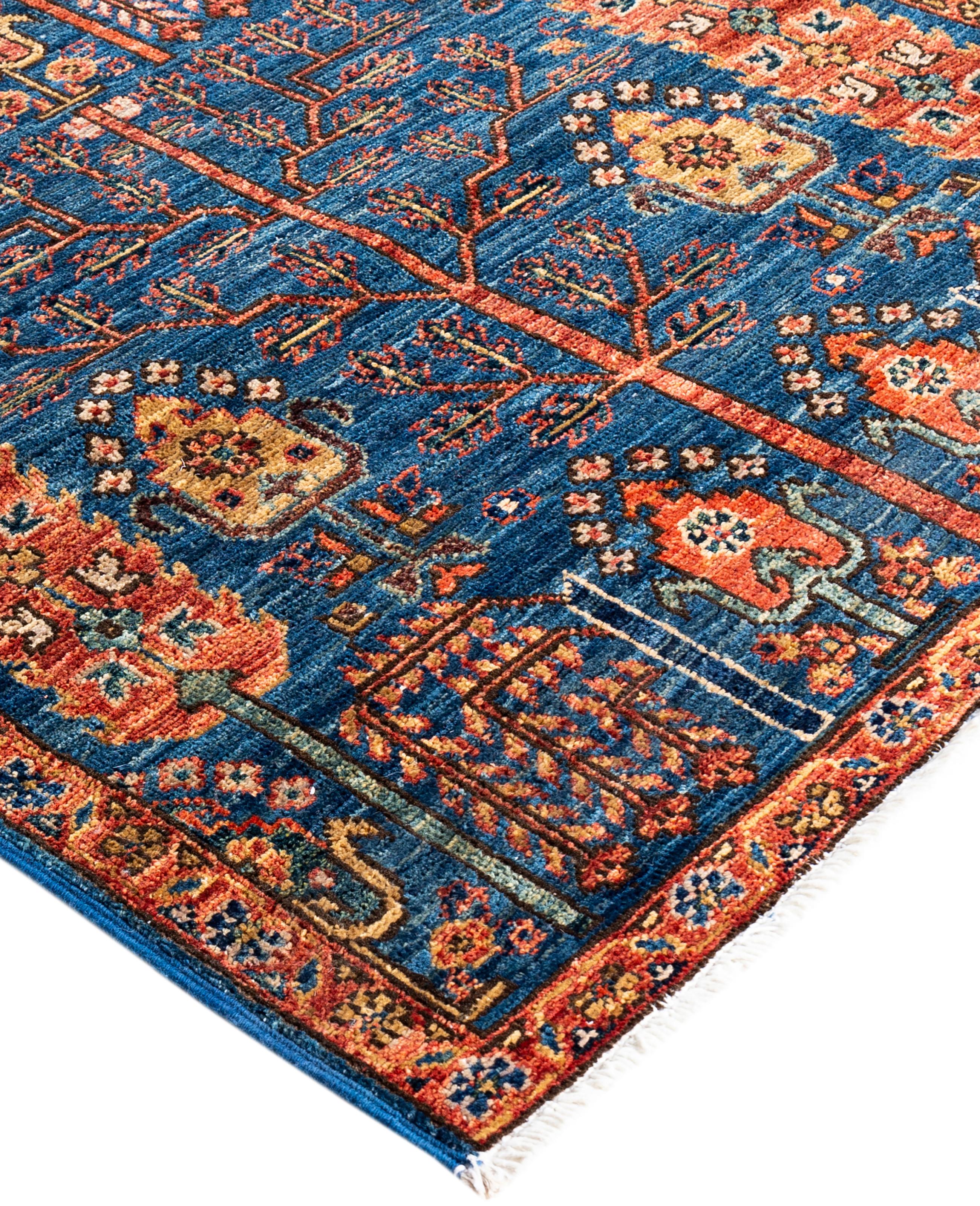 Serapi rugs are known for their bold, geometric designs and rich colors, often featuring a central medallion surrounded by intricate patterns. They typically use a warm, earthy color palette with deep reds, blues, ivory, and occasional greens. The
