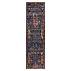 Alfombra tribal tradicional Serapi de lana anudada a mano azul 2' 9" x 9' 10