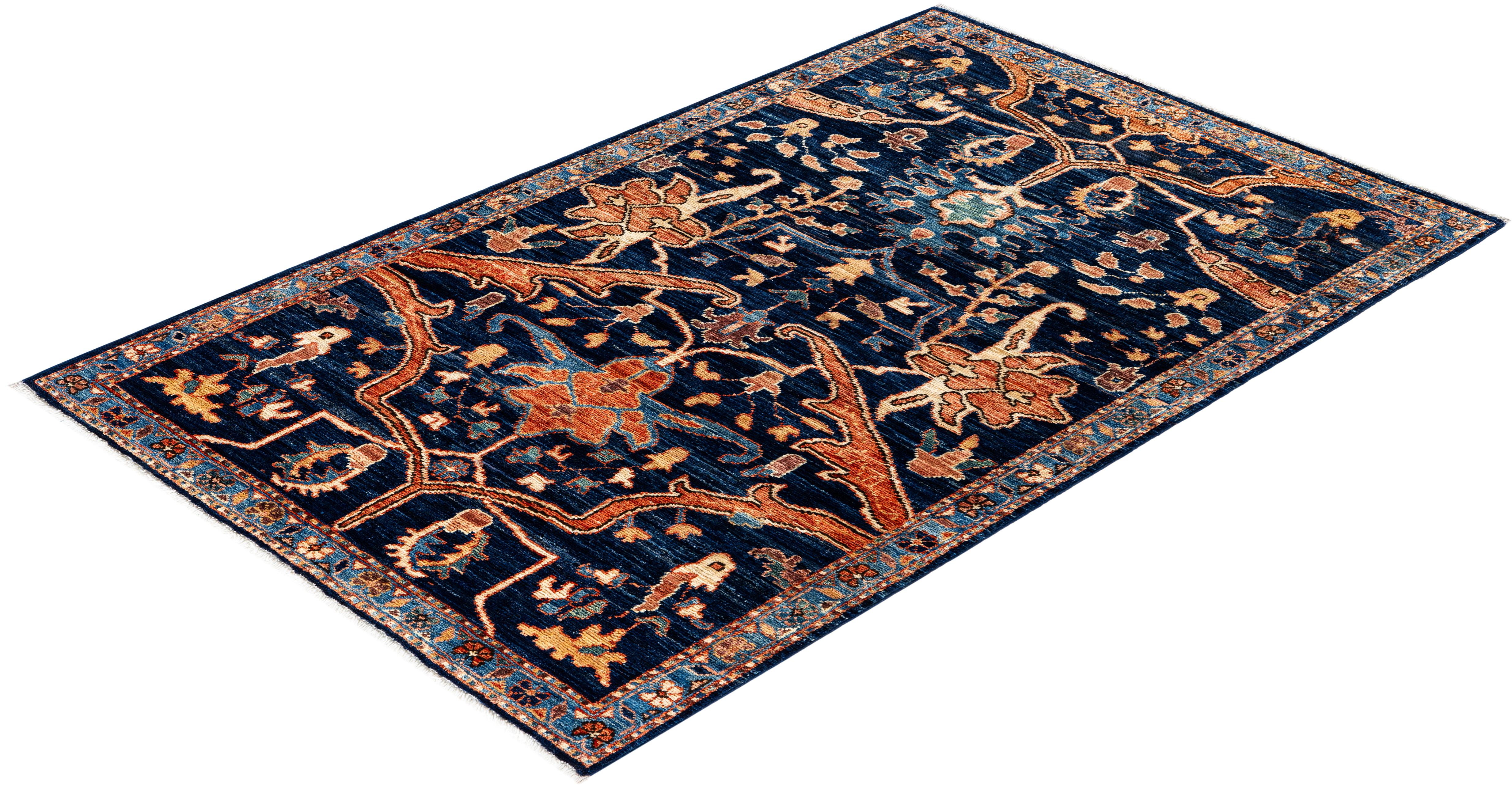 Traditional Tribal Serapi Wool Hand Knotted Blue Area Rug 3' 1