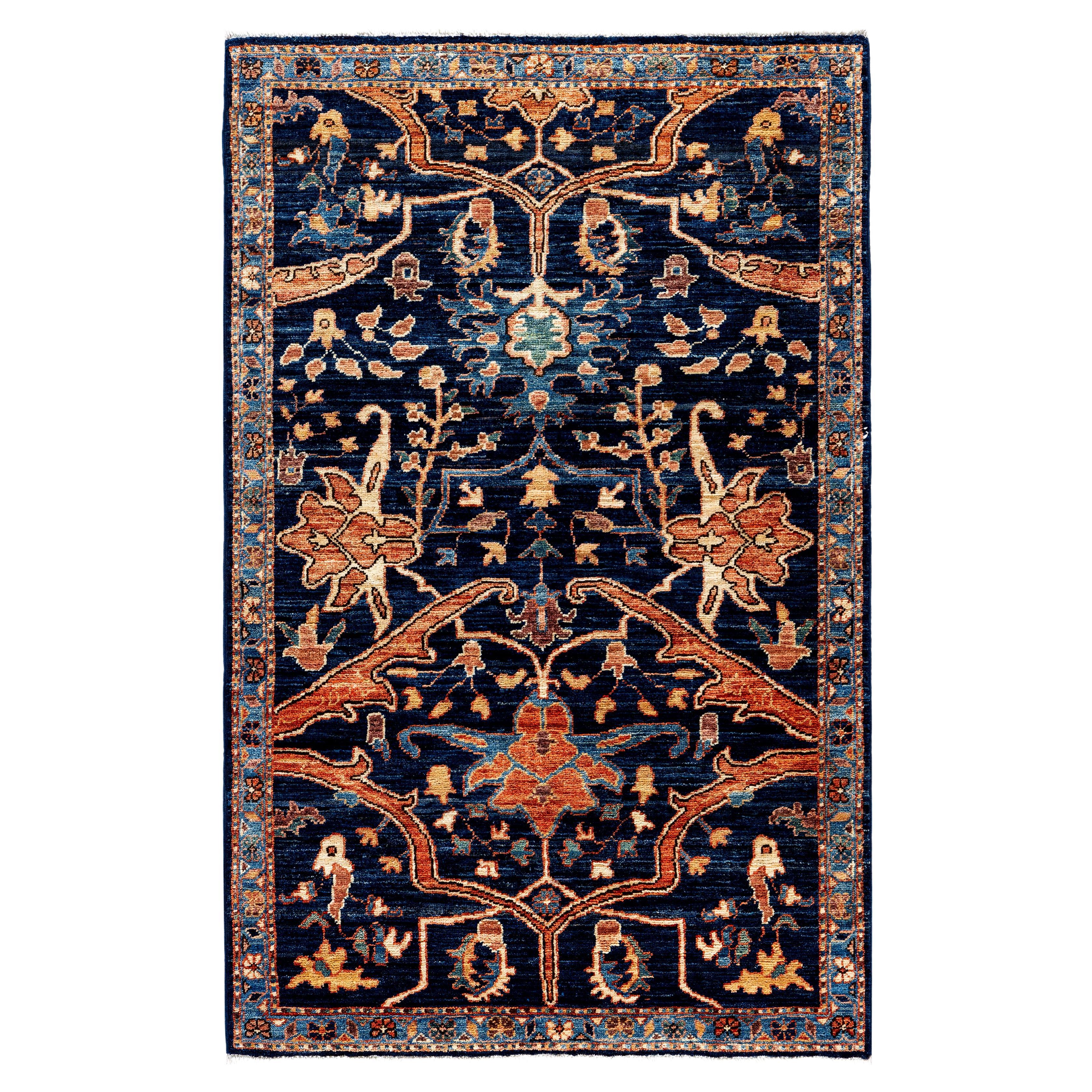Traditional Tribal Serapi Wool Hand Knotted Blue Area Rug 3' 1" x 4' 10" For Sale