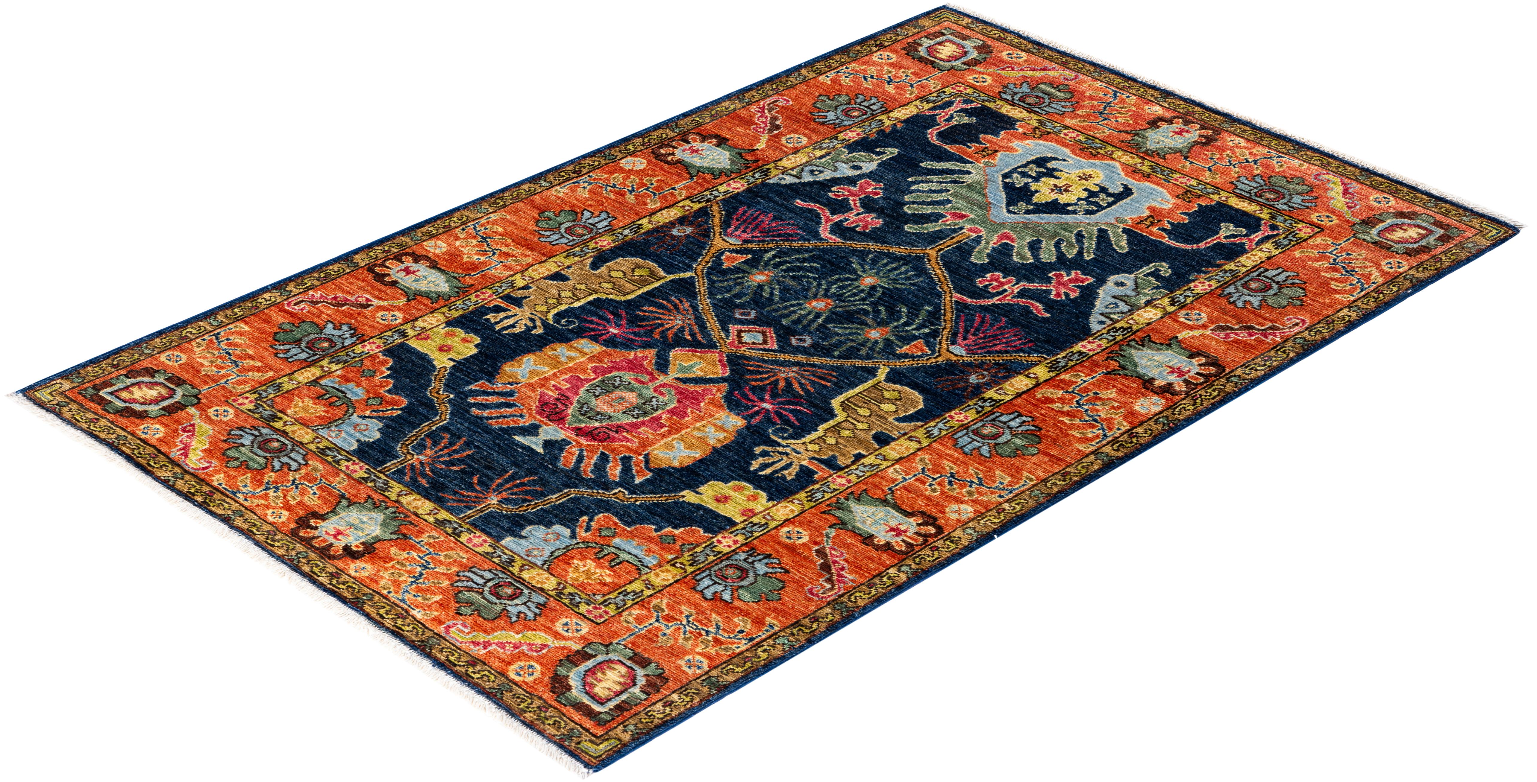 Traditioneller handgeknüpfter blauer Serapi-Wollteppich aus Stammeskunst 3' 2