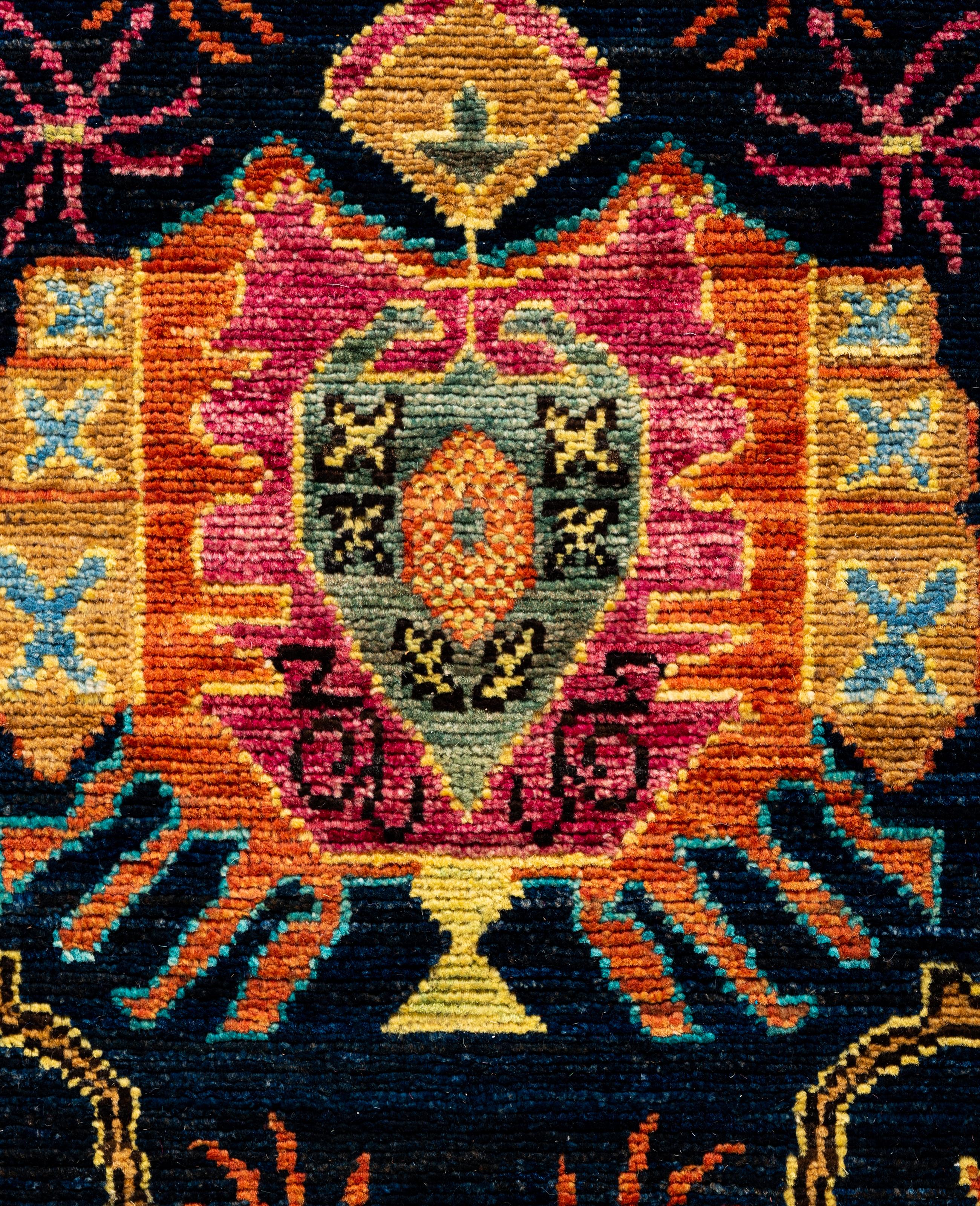 Pakistani Traditional Tribal Serapi Wool Hand Knotted Blue Area Rug 4' 3