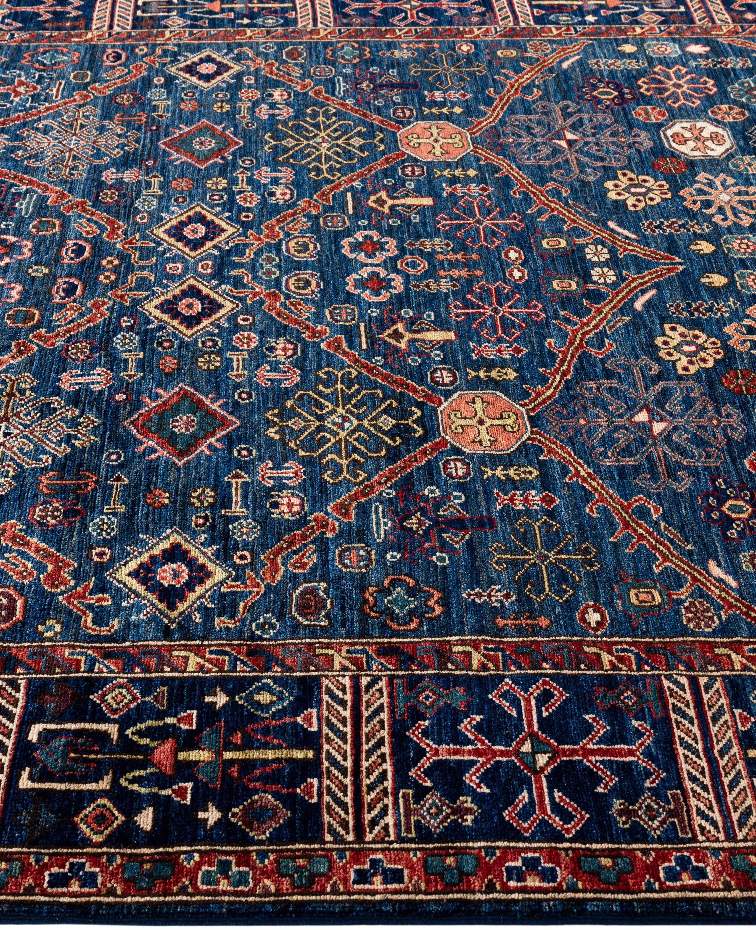Hand-Knotted Traditional Tribal Serapi Wool Hand Knotted Blue Area Rug 5' 10