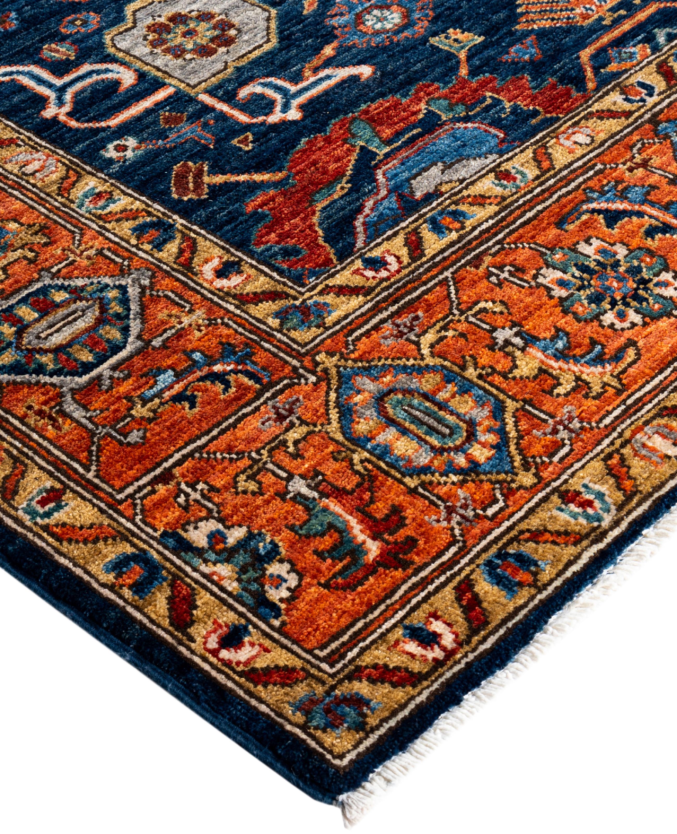 Serapi rugs are known for their bold, geometric designs and rich colors, often featuring a central medallion surrounded by intricate patterns. They typically use a warm, earthy color palette with deep reds, blues, ivory, and occasional greens. The