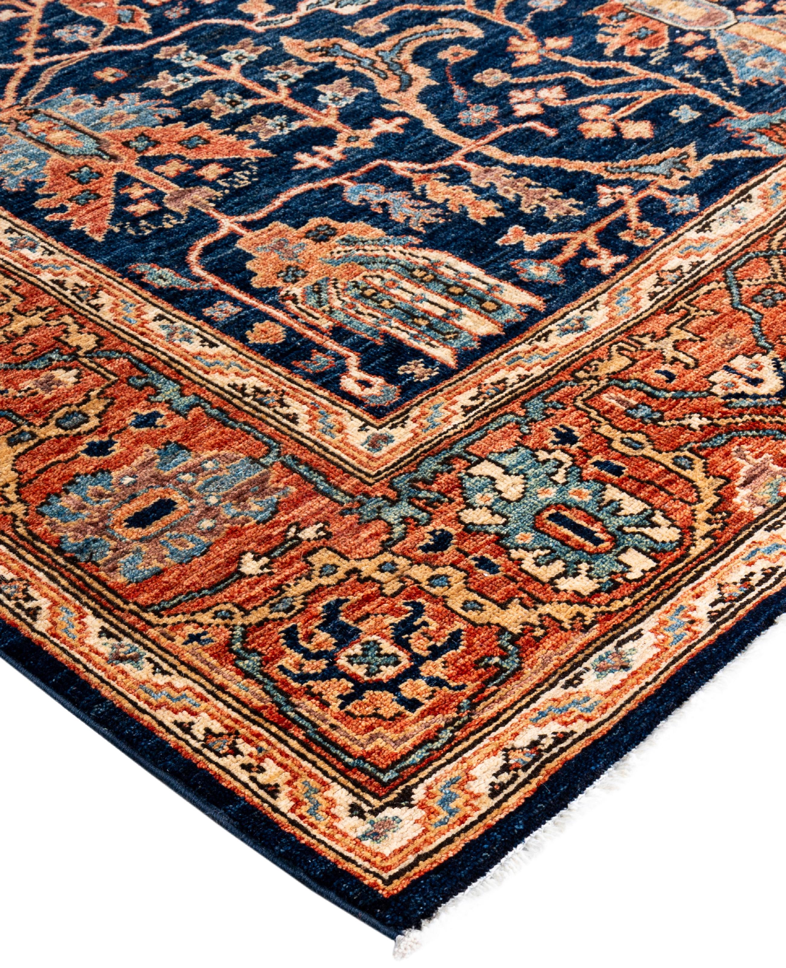 Serapi rugs are known for their bold, geometric designs and rich colors, often featuring a central medallion surrounded by intricate patterns. They typically use a warm, earthy color palette with deep reds, blues, ivory, and occasional greens. The