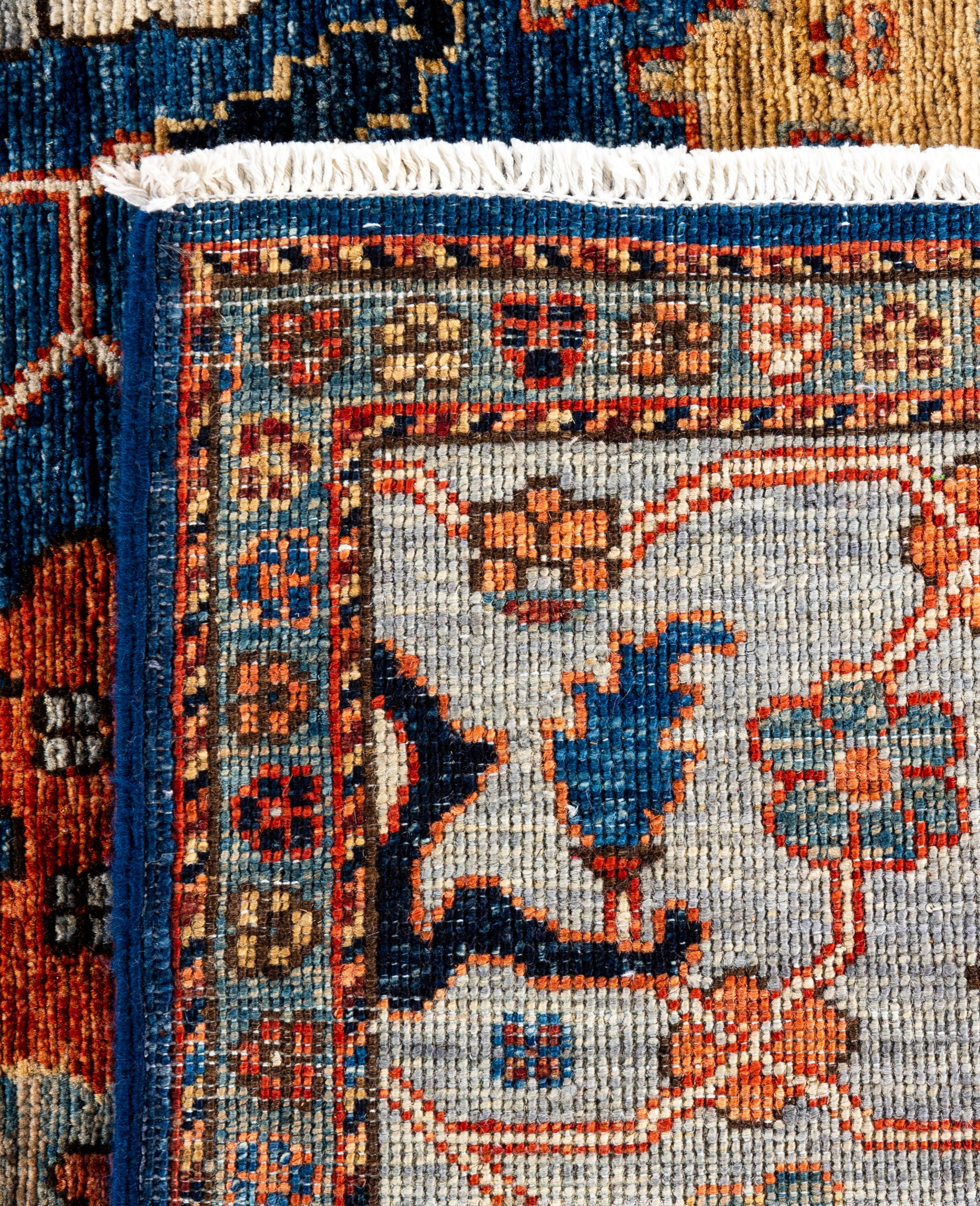 Tapis traditionnel tribal Serapi bleu noué à la main 6' 0