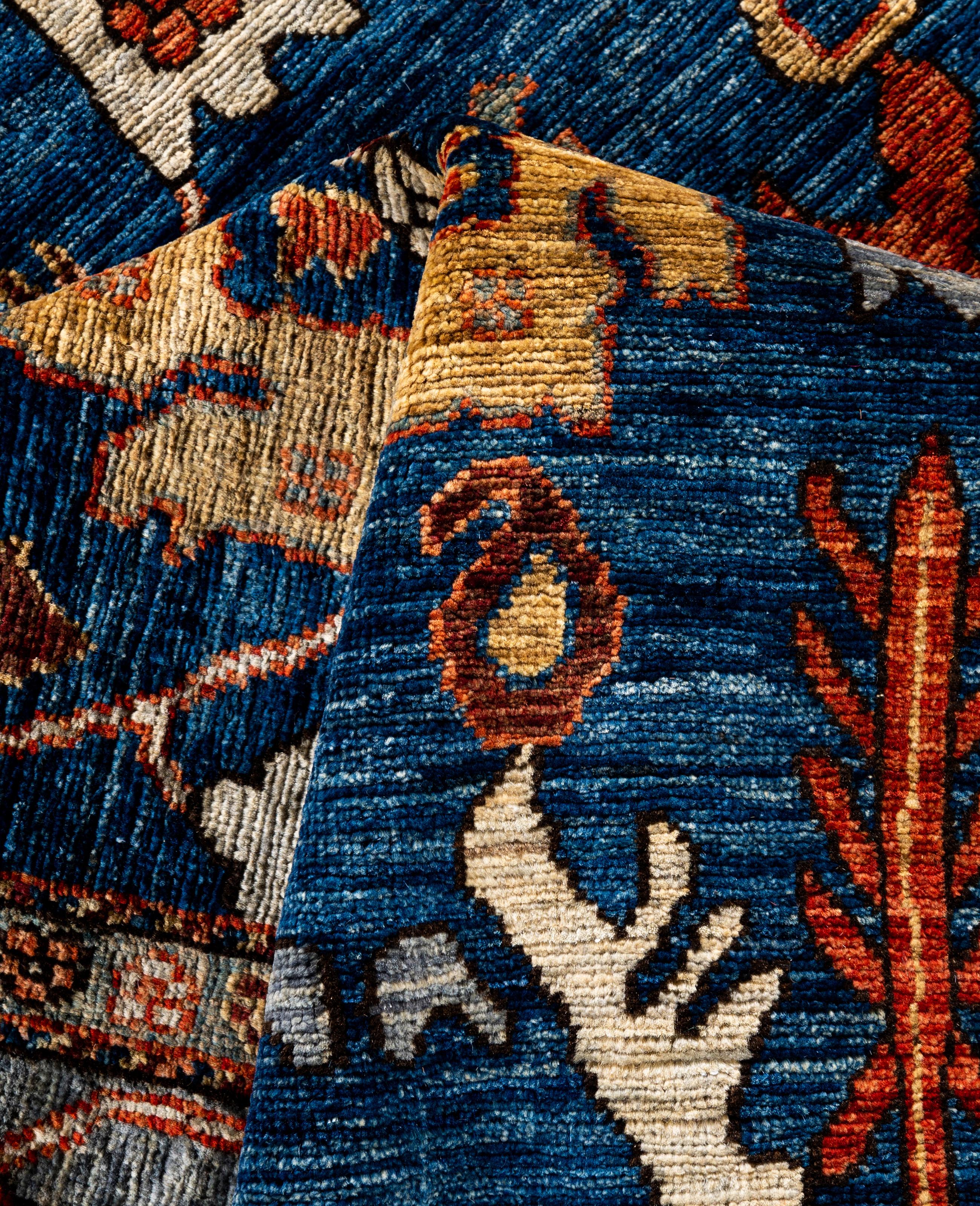Laine Tapis traditionnel tribal Serapi bleu noué à la main 6' 0