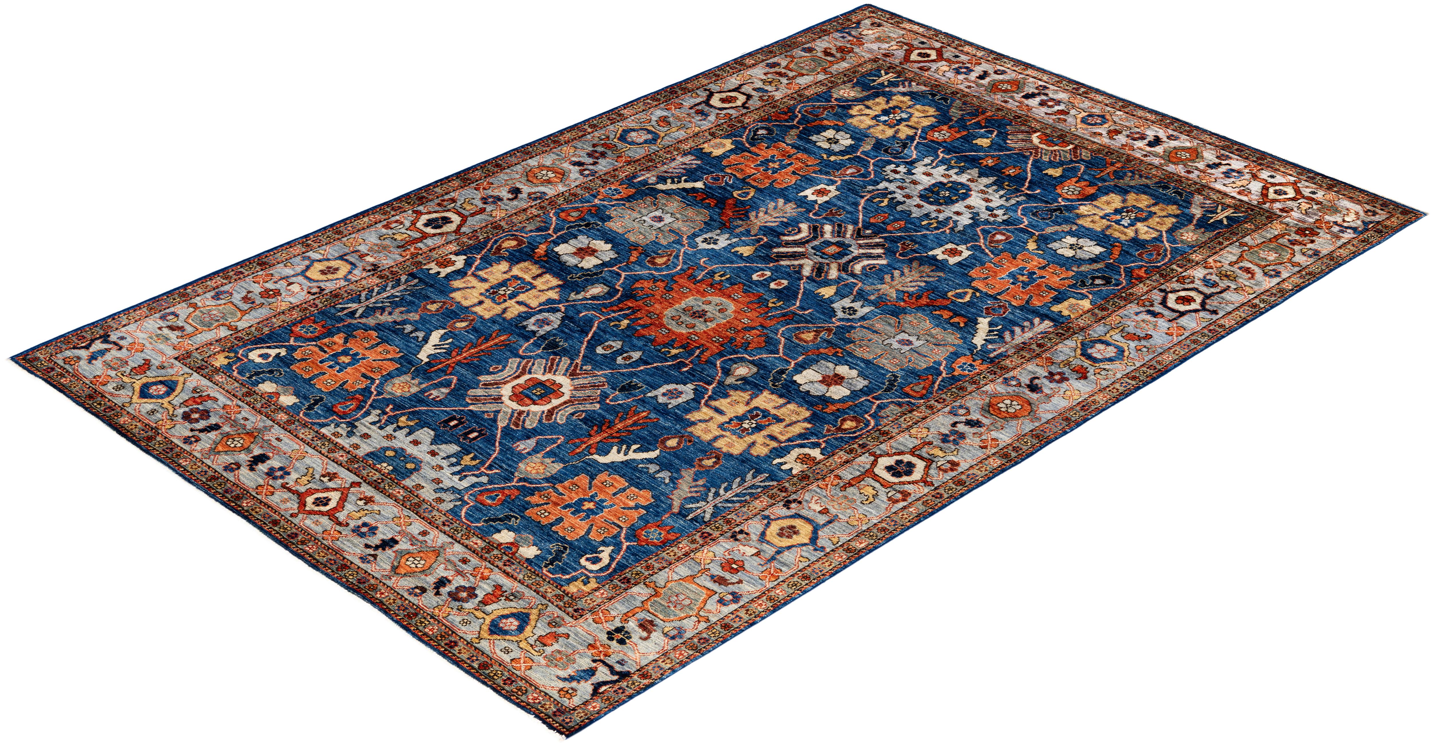 Tapis traditionnel tribal Serapi bleu noué à la main 6' 0