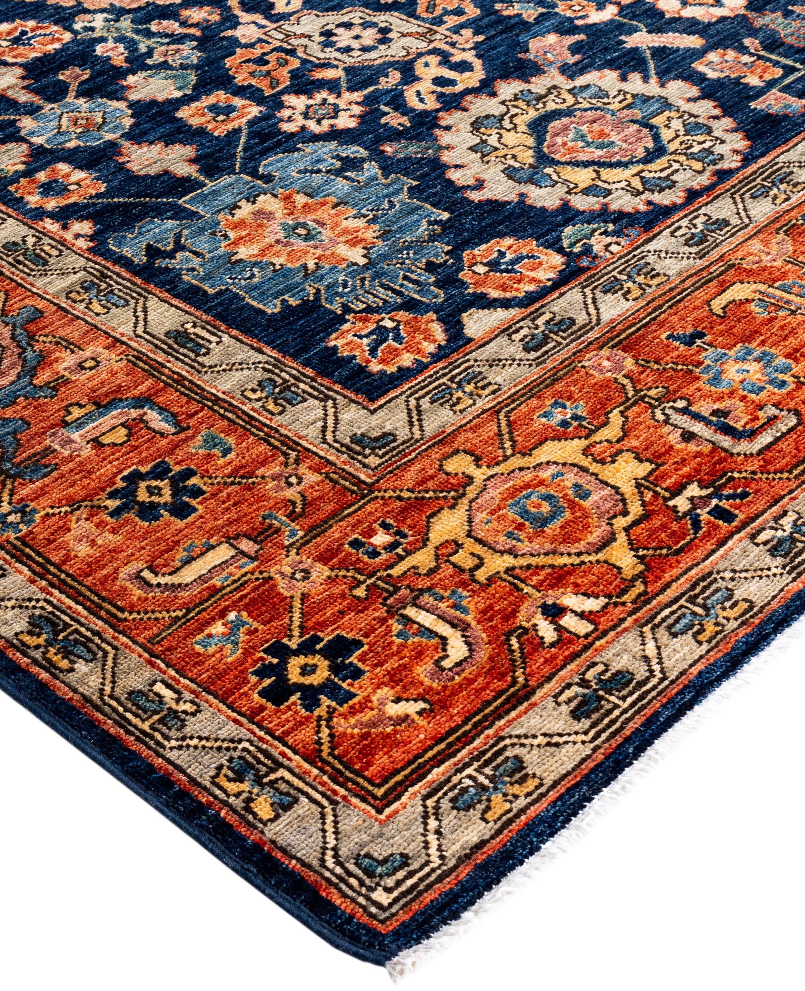 Serapi rugs are known for their bold, geometric designs and rich colors, often featuring a central medallion surrounded by intricate patterns. They typically use a warm, earthy color palette with deep reds, blues, ivory, and occasional greens. The