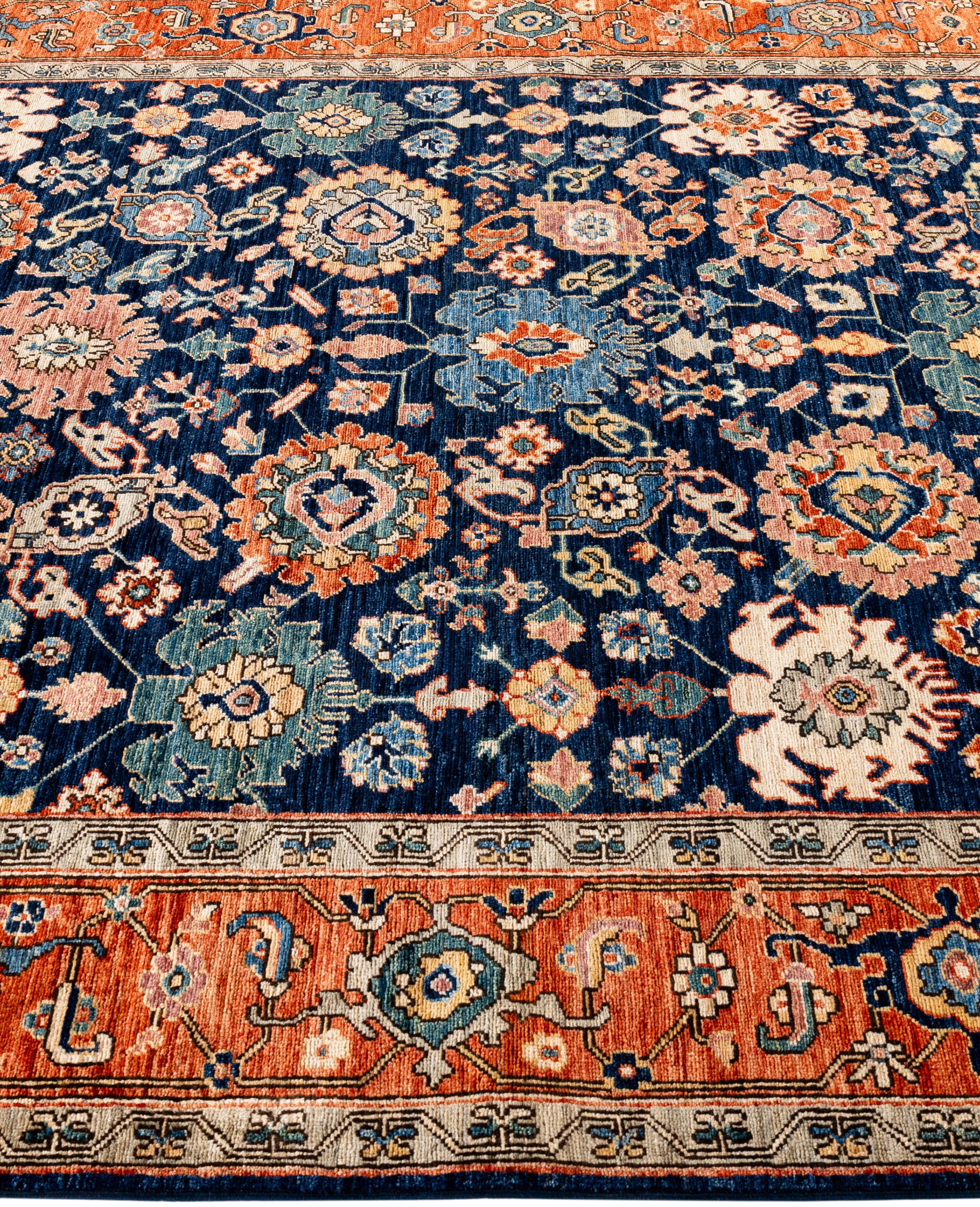 Hand-Knotted Traditional Tribal Serapi Wool Hand Knotted Blue Area Rug 6' 3